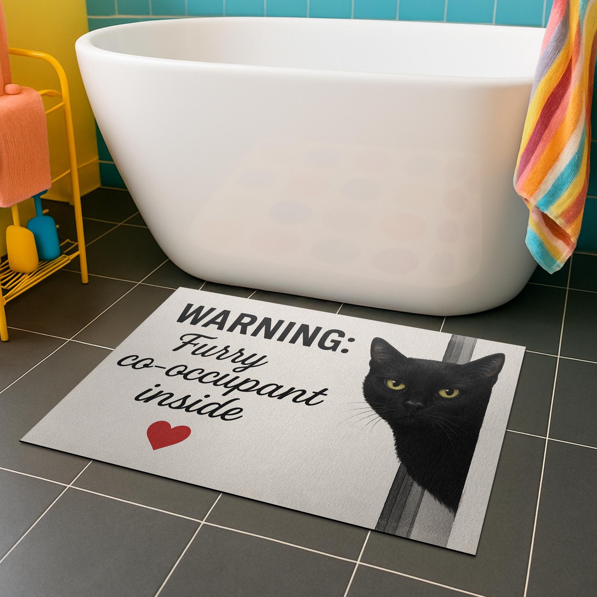 Funny Black Cat Bath Mat, Furry Co-Occupant Bathroom Rug, Cat Lover Floor Mat, Cute Kitten Decor, Pet Humor Gift for Cat Owners