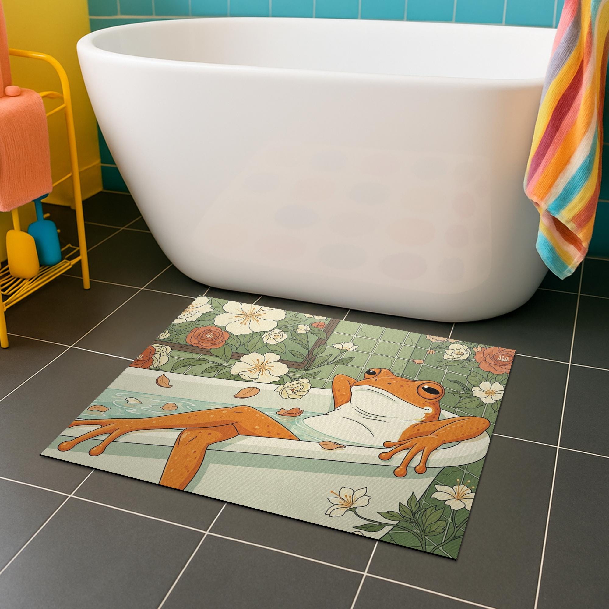 Relaxing Frog Bath Mat, Funny Frog in Tub Bathroom Rug, Cottagecore Amphibian Decor, Whimsical Animal Floor Mat, Spa Gift Idea