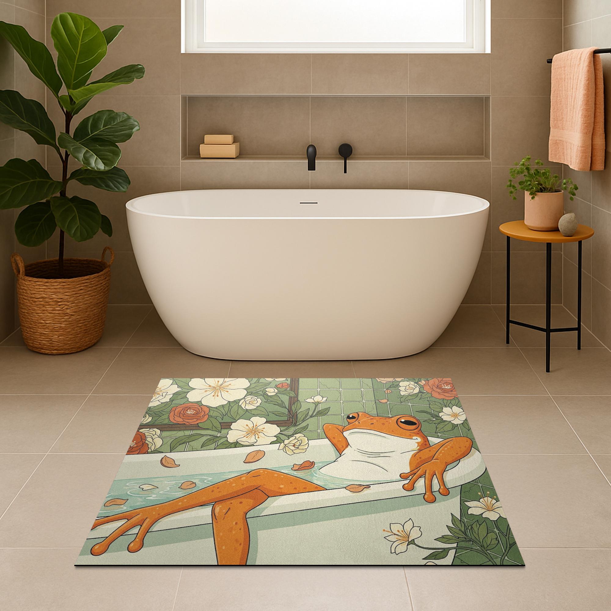 Relaxing Frog Bath Mat, Funny Frog in Tub Bathroom Rug, Cottagecore Amphibian Decor, Whimsical Animal Floor Mat, Spa Gift Idea
