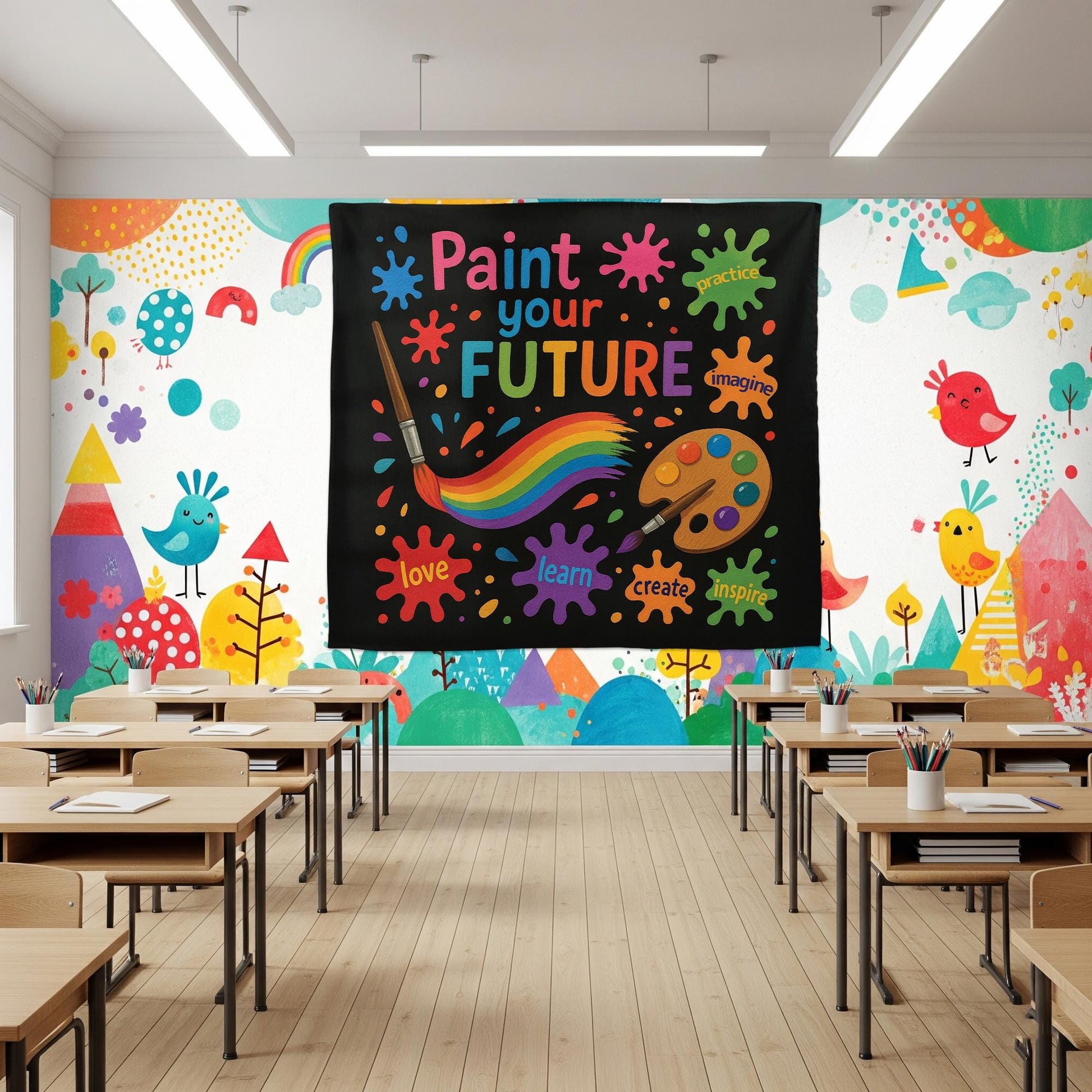 Paint Your Future Tapestry, Art Classroom Wall Decor, Inspirational Teacher Banner, Creative Kids Room Sign, Colorful Learning Poster