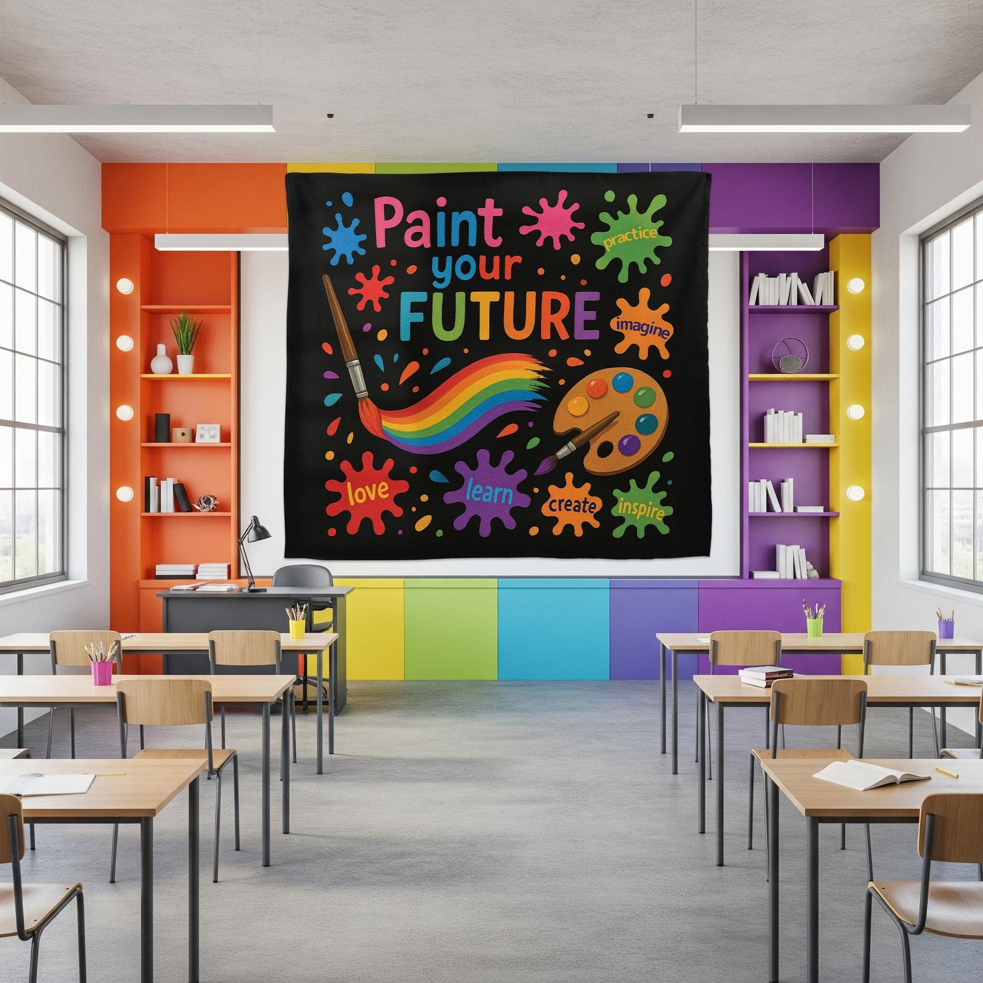 Paint Your Future Tapestry, Art Classroom Wall Decor, Inspirational Teacher Banner, Creative Kids Room Sign, Colorful Learning Poster