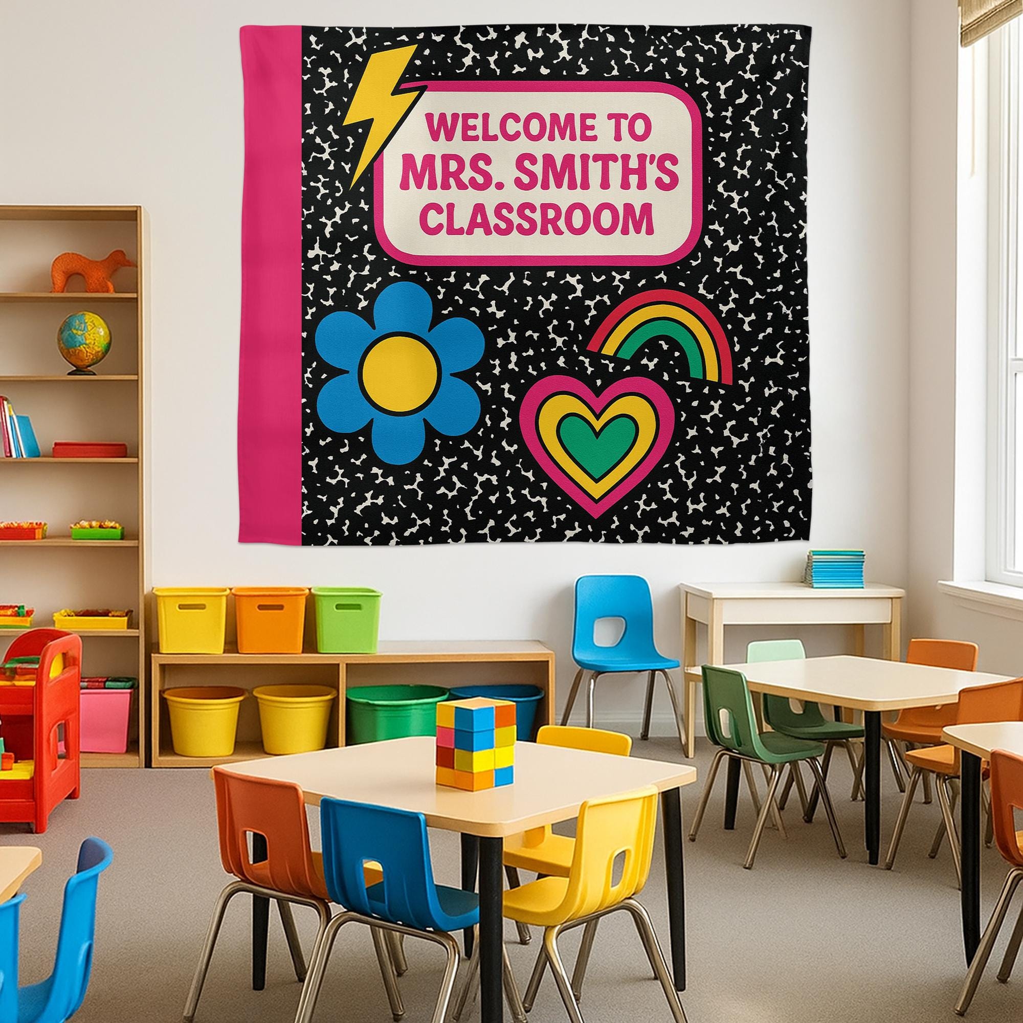 Welcome to Classroom Tapestry, Groovy Teacher Wall Decor, Back to School Banner, Personalized Teacher Sign, Colorful Classroom Art