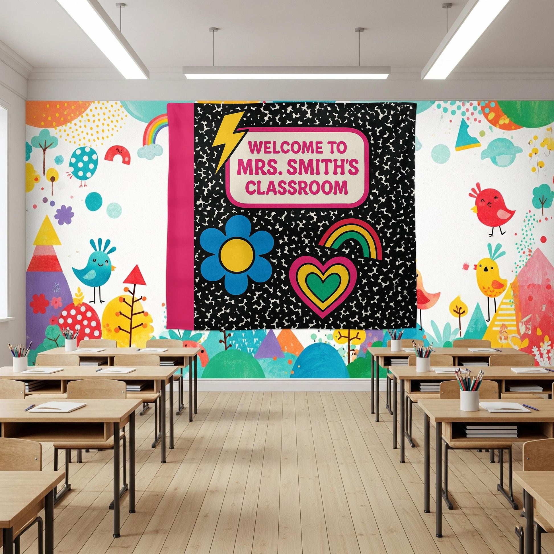 Welcome to Classroom Tapestry, Groovy Teacher Wall Decor, Back to School Banner, Personalized Teacher Sign, Colorful Classroom Art