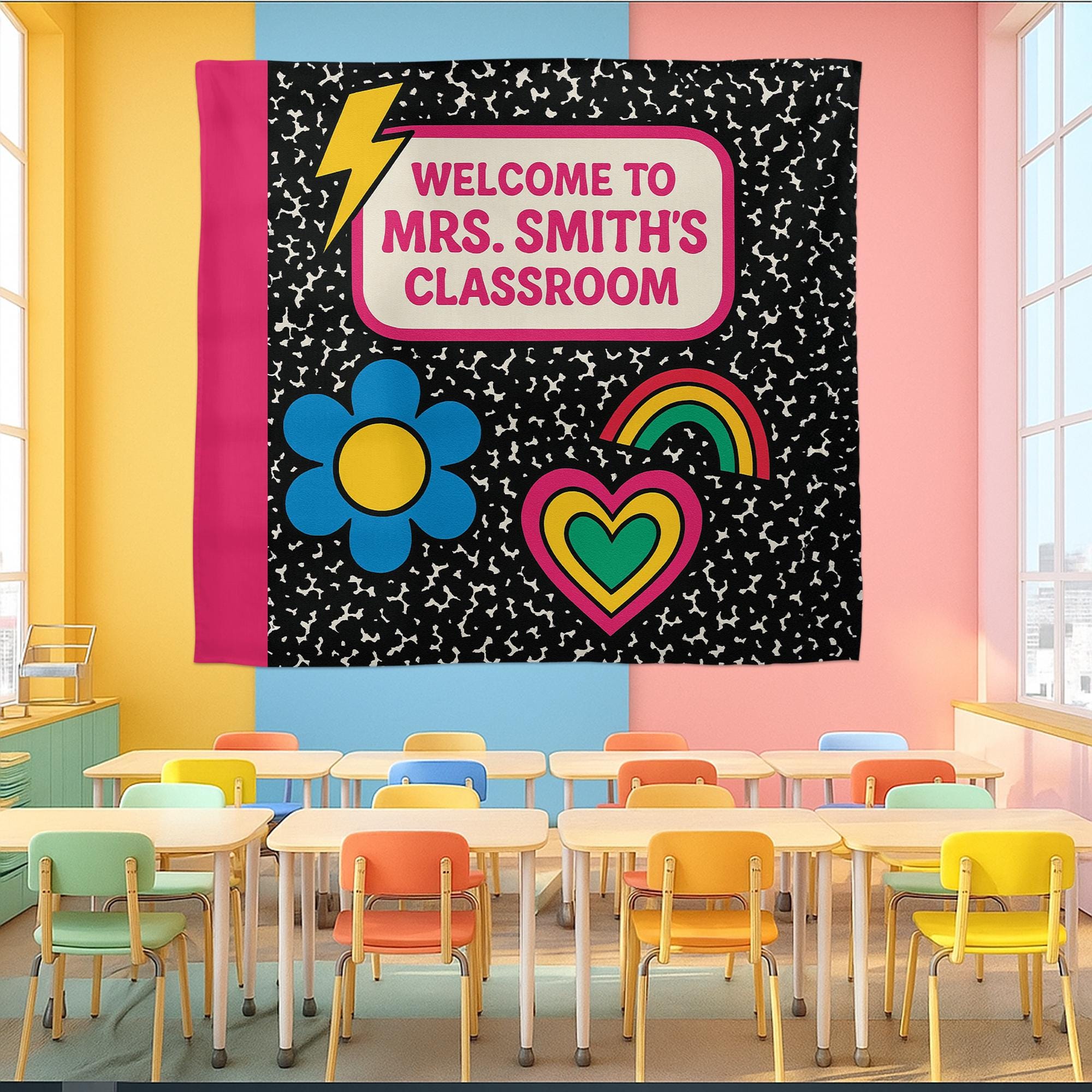Welcome to Classroom Tapestry, Groovy Teacher Wall Decor, Back to School Banner, Personalized Teacher Sign, Colorful Classroom Art