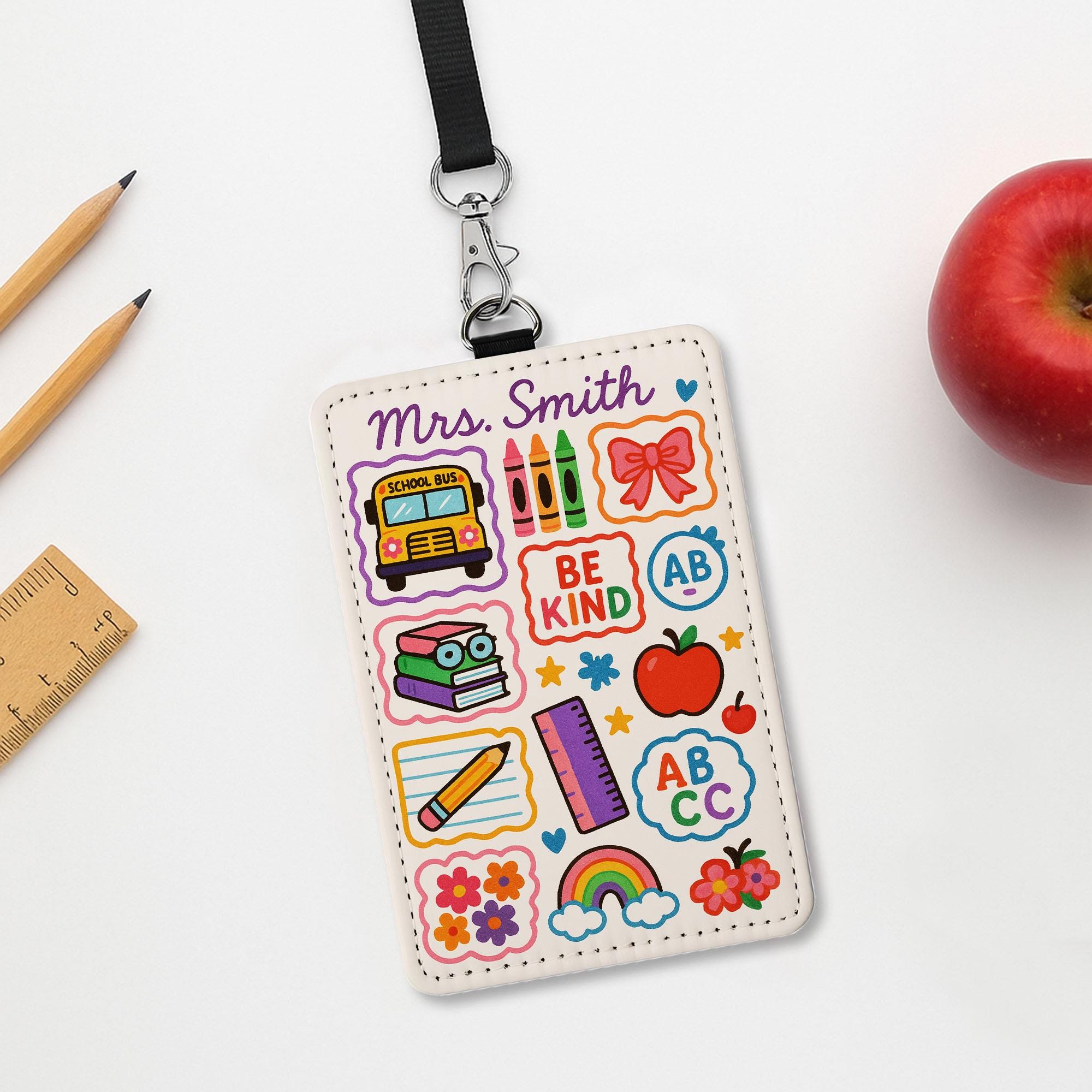 Teacher Badge Holder, Cute School Icons ID Tag, Be Kind Teacher Lanyard, Personalized Teacher Gift, Colorful Classroom Accessory