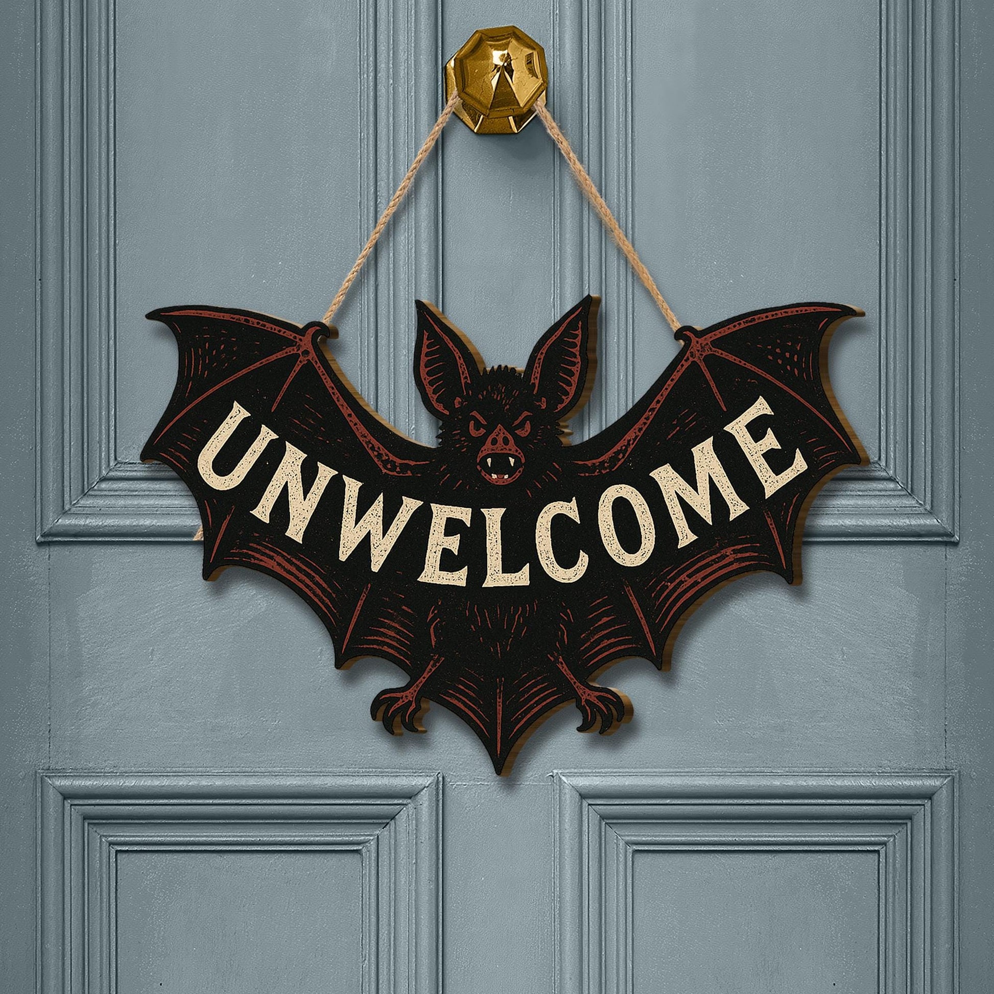Unwelcome Bat Door Sign – Funny Gothic Wooden Halloween Wall Decor – Spooky Bat Plaque for Front Door or Room