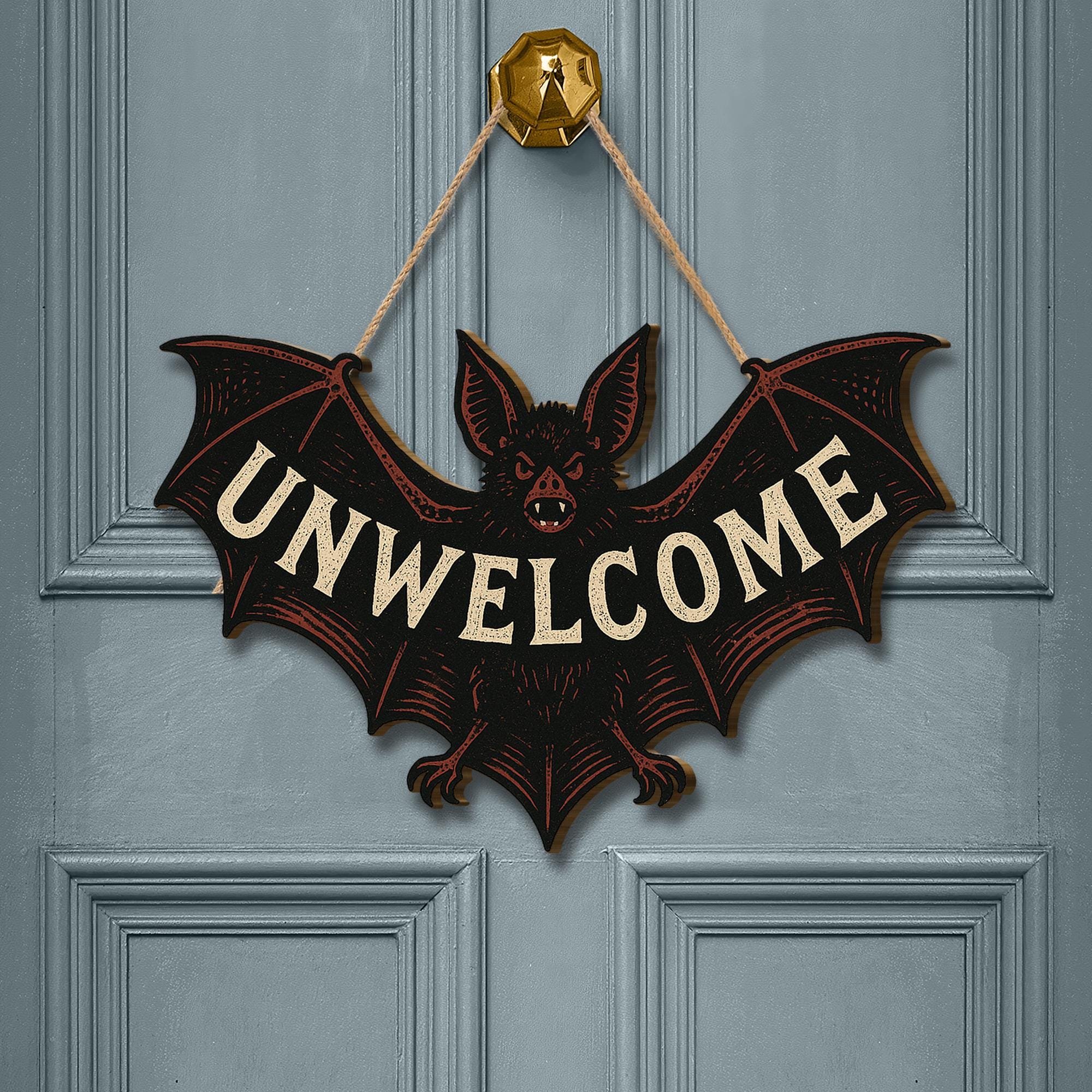 Unwelcome Bat Door Sign – Funny Gothic Wooden Halloween Wall Decor – Spooky Bat Plaque for Front Door or Room