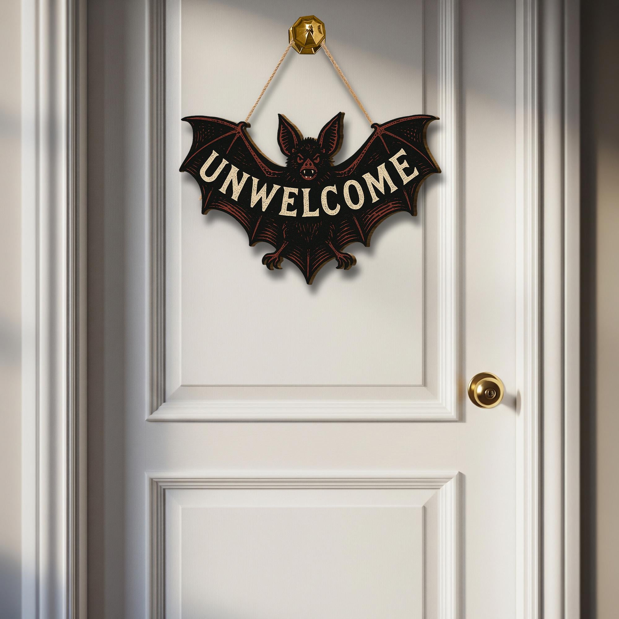 Unwelcome Bat Door Sign – Funny Gothic Wooden Halloween Wall Decor – Spooky Bat Plaque for Front Door or Room