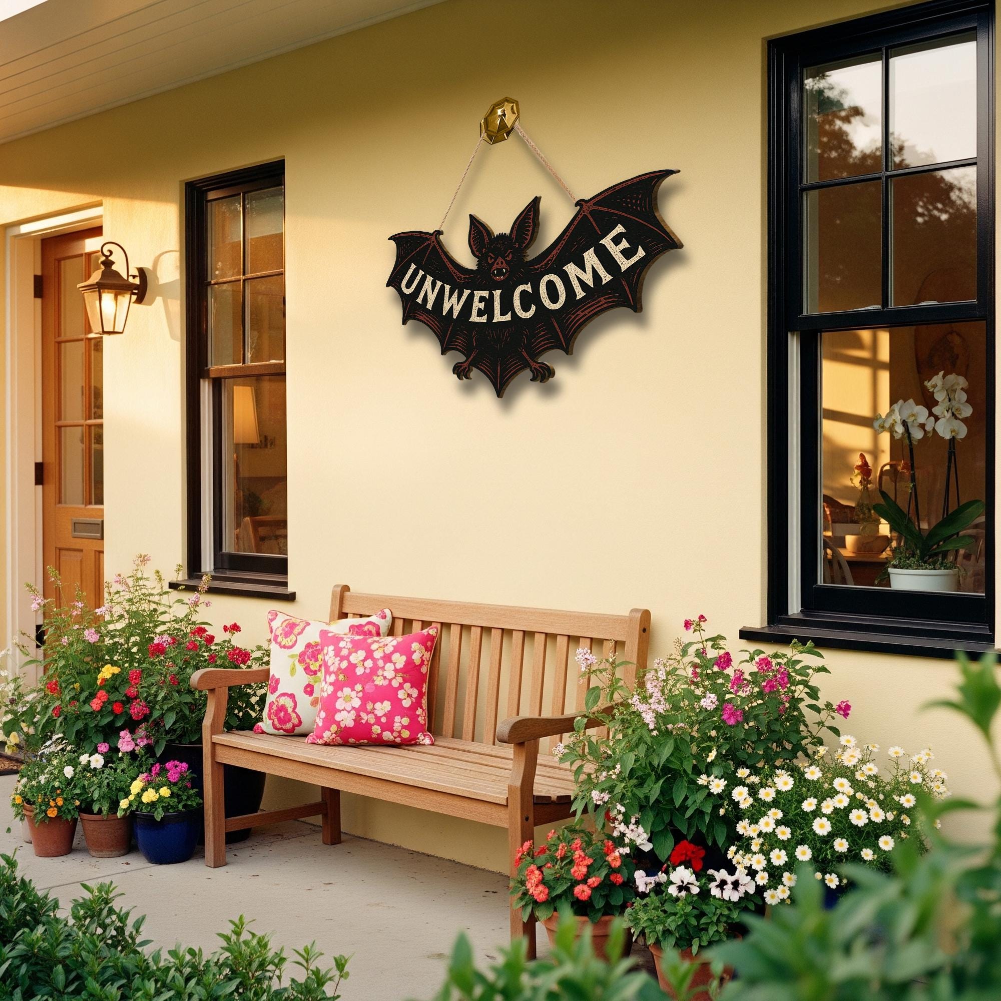 Unwelcome Bat Door Sign – Funny Gothic Wooden Halloween Wall Decor – Spooky Bat Plaque for Front Door or Room