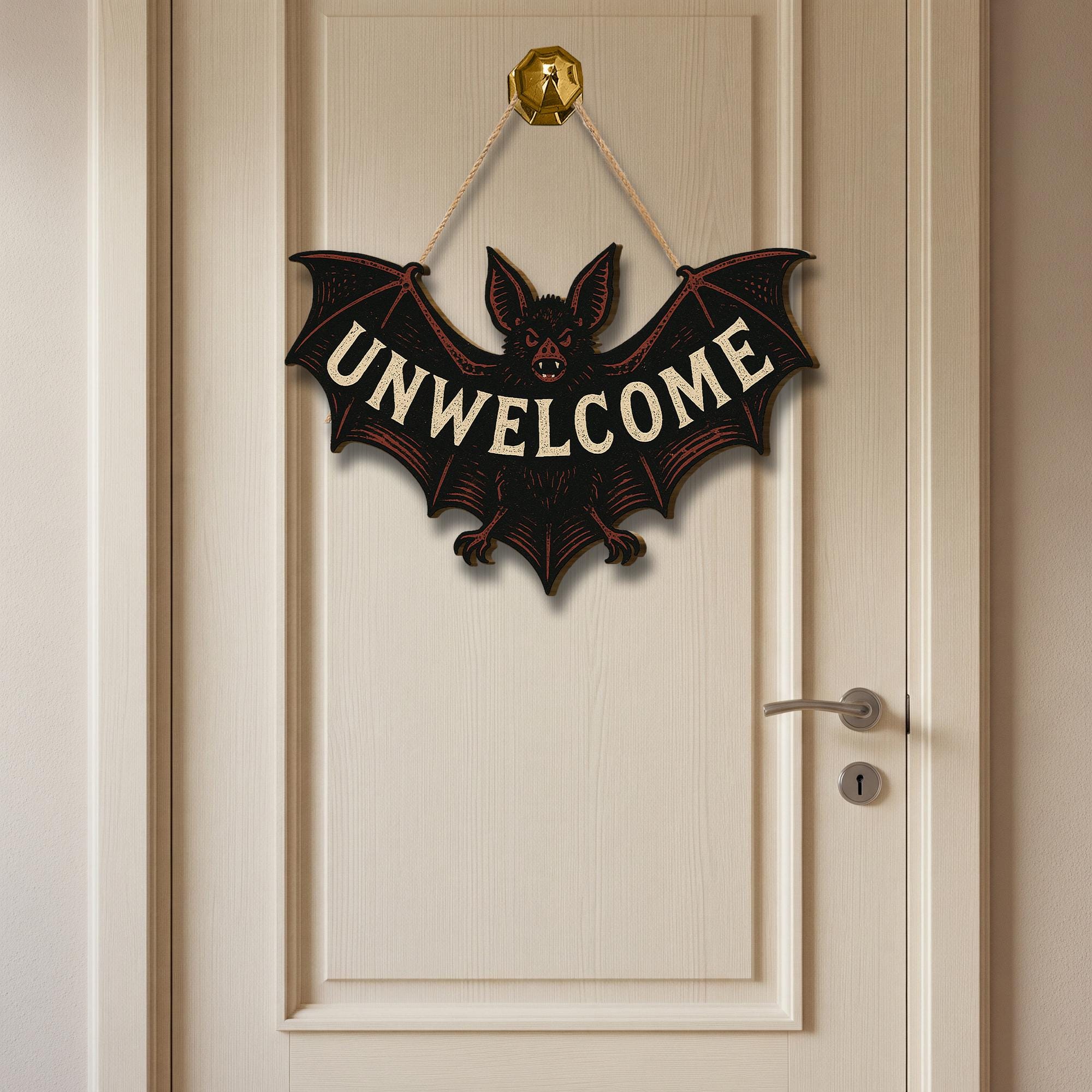 Unwelcome Bat Door Sign – Funny Gothic Wooden Halloween Wall Decor – Spooky Bat Plaque for Front Door or Room