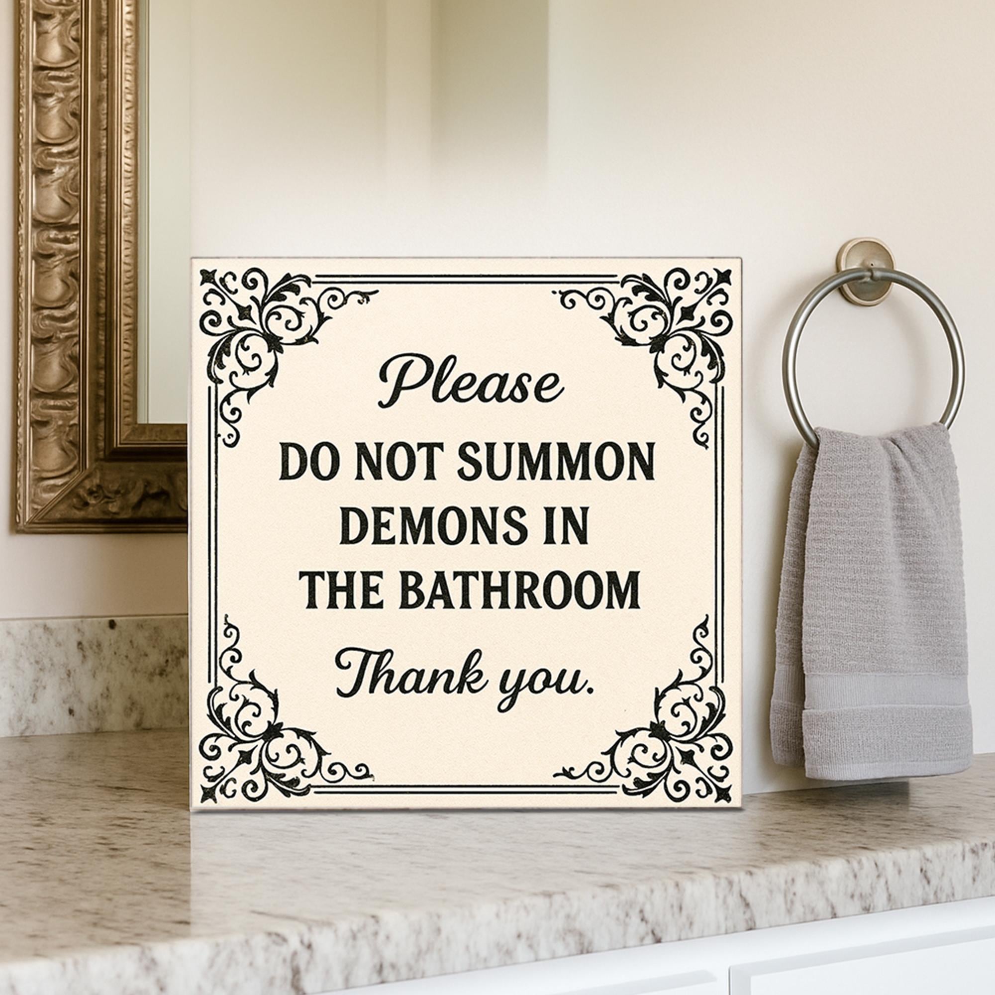 Funny Bathroom Wooden Block Sign – Gothic Bathroom Decor – quirky restroom Sign – Occult Humor Shelf Decor