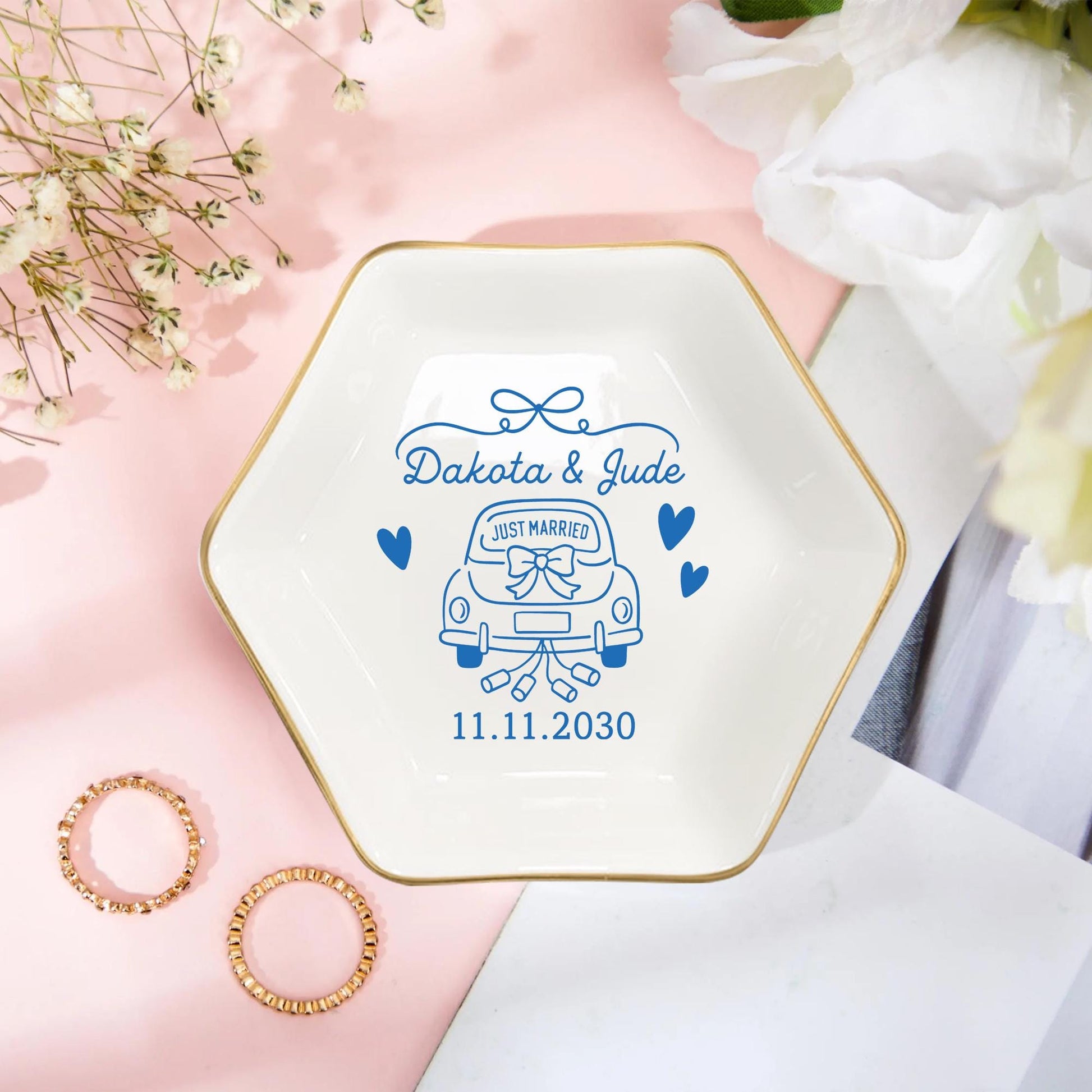 Custom Wedding Jewelry Dish – Personalized Just Married Ring Tray – Ceramic Engagement Gift with Names & Date –DECOR ONLY