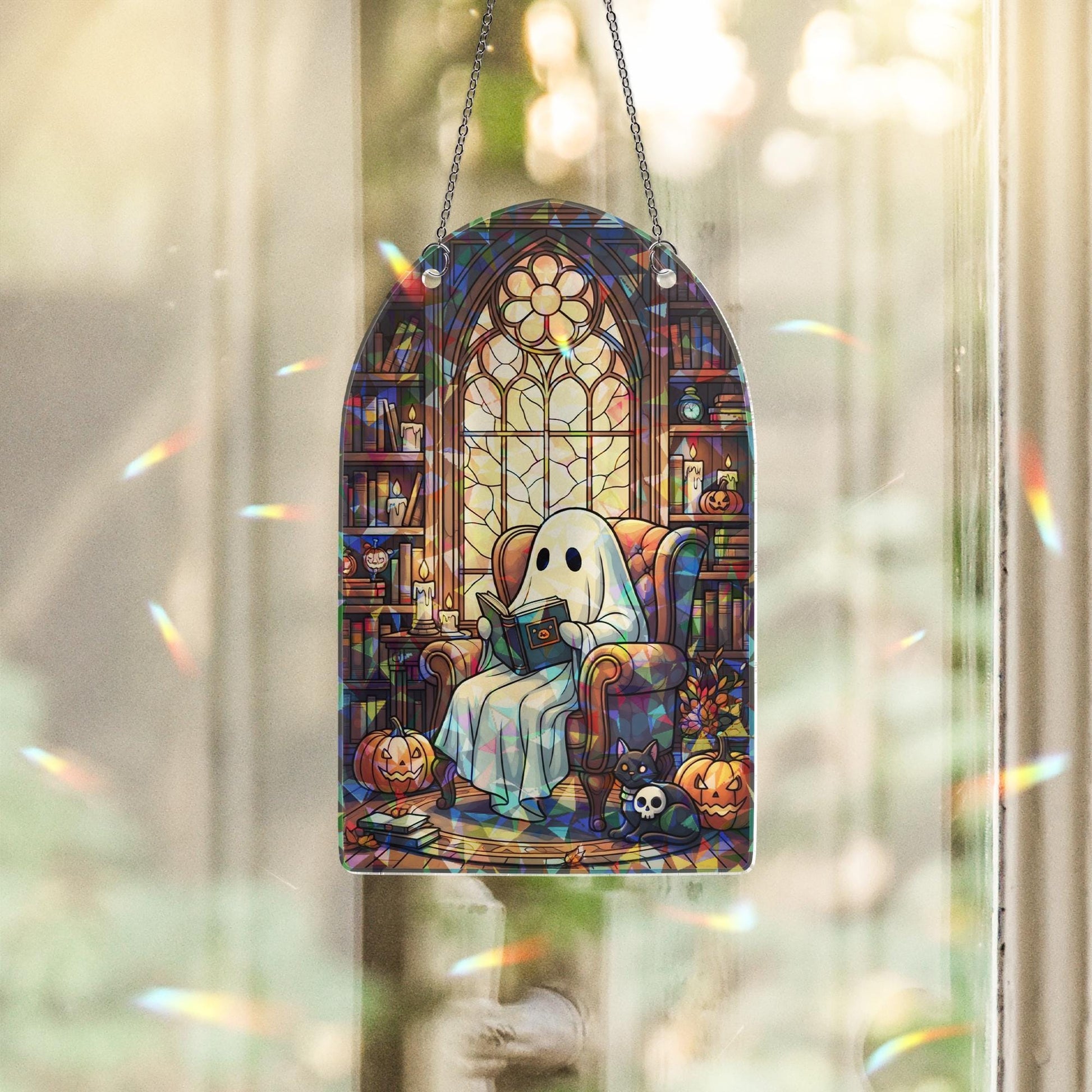 Ghost ACRYLIC Hologram Ornament, Cute Halloween Decor with Book, Pumpkin, Cat, Gothic Window Hanging for Fall Aesthetic Lovers, Witchy Decor