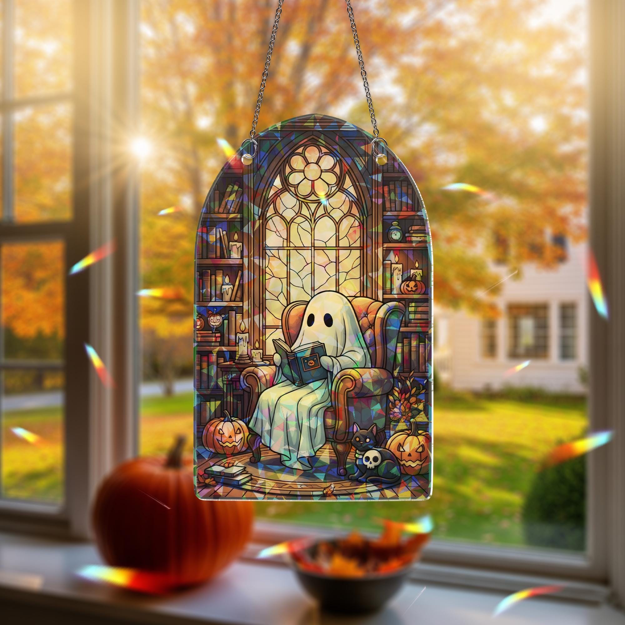 Ghost ACRYLIC Hologram Ornament, Cute Halloween Decor with Book, Pumpkin, Cat, Gothic Window Hanging for Fall Aesthetic Lovers, Witchy Decor