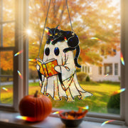 Cute Ghost and Cat Hologram Ornament – Halloween Window Decor with Book – Spooky Fall Gothic Hanging for Book Lovers, Witchy Decor Gift