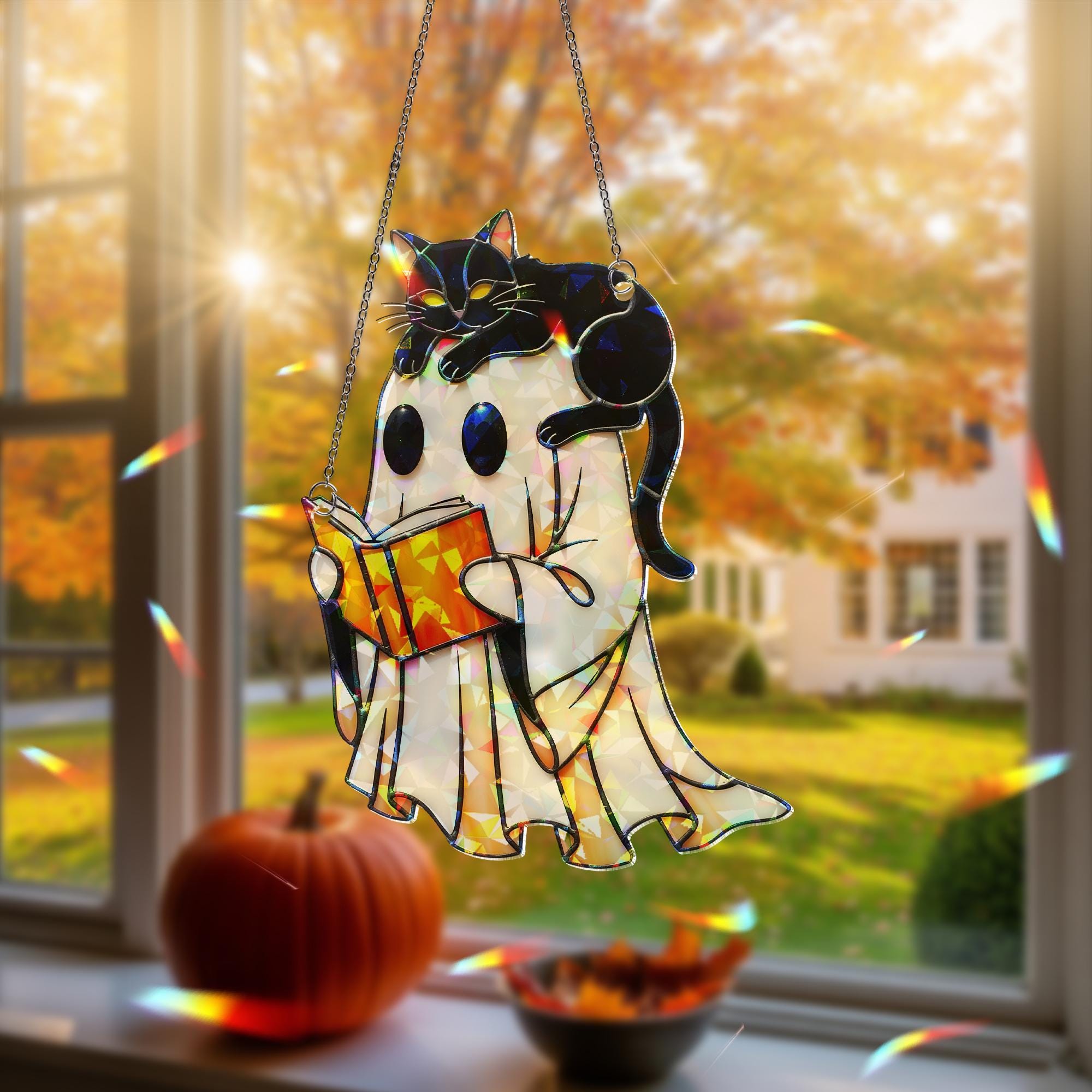 Cute Ghost and Cat Hologram Ornament – Halloween Window Decor with Book – Spooky Fall Gothic Hanging for Book Lovers, Witchy Decor Gift