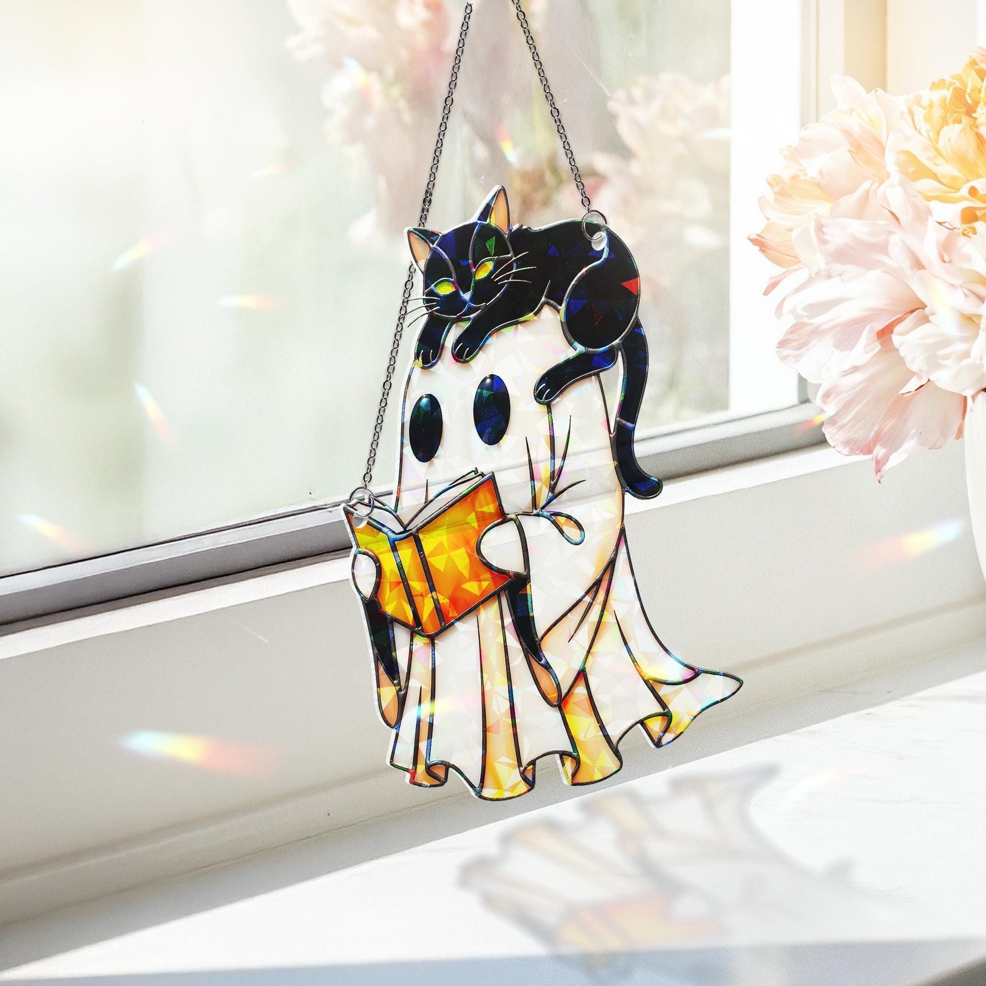 Cute Ghost and Cat Hologram Ornament – Halloween Window Decor with Book – Spooky Fall Gothic Hanging for Book Lovers, Witchy Decor Gift