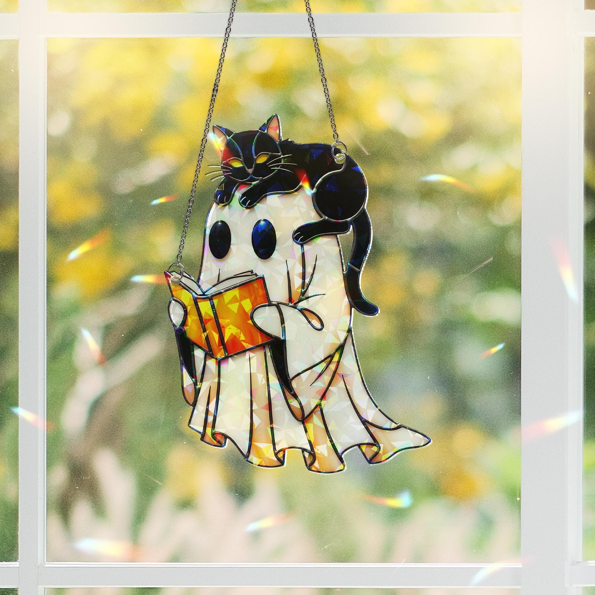 Cute Ghost and Cat Hologram Ornament – Halloween Window Decor with Book – Spooky Fall Gothic Hanging for Book Lovers, Witchy Decor Gift