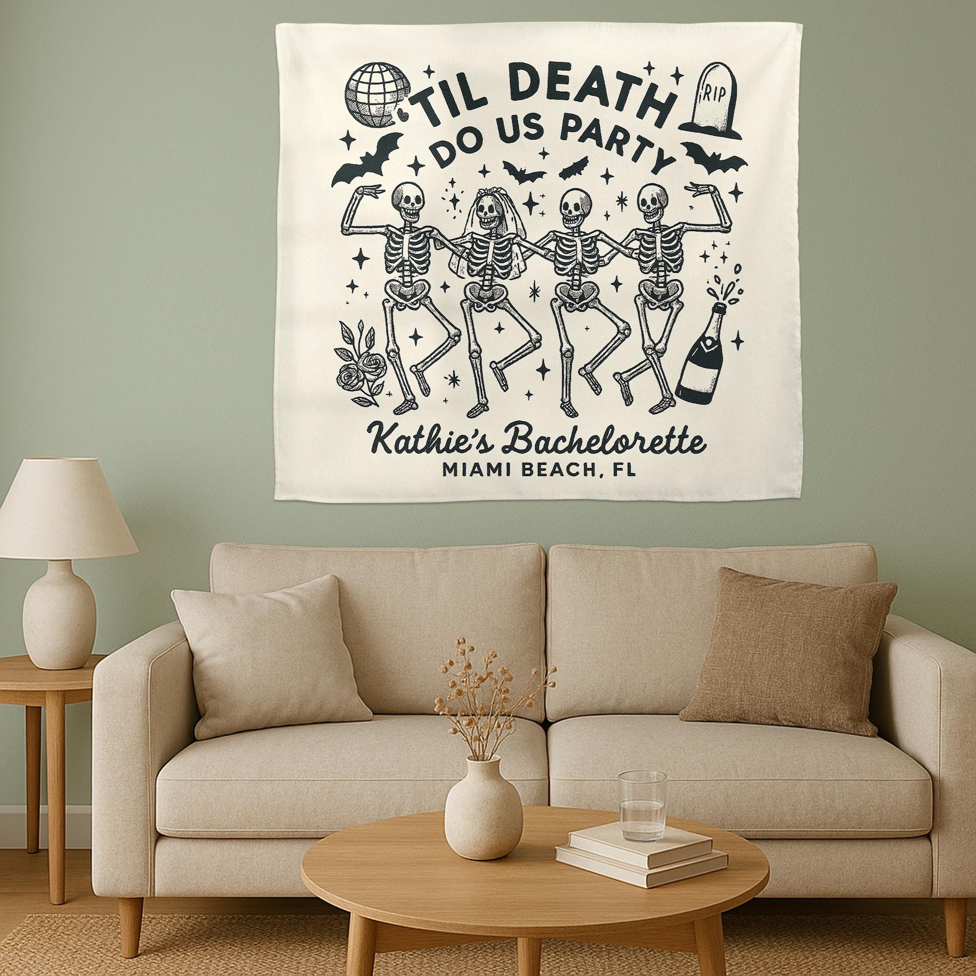 Til Death Do Us Party Tapestry – Custom Bachelorette Halloween Backdrop with Skeletons – Spooky Bridal Shower Party Banner, Witchy Decor