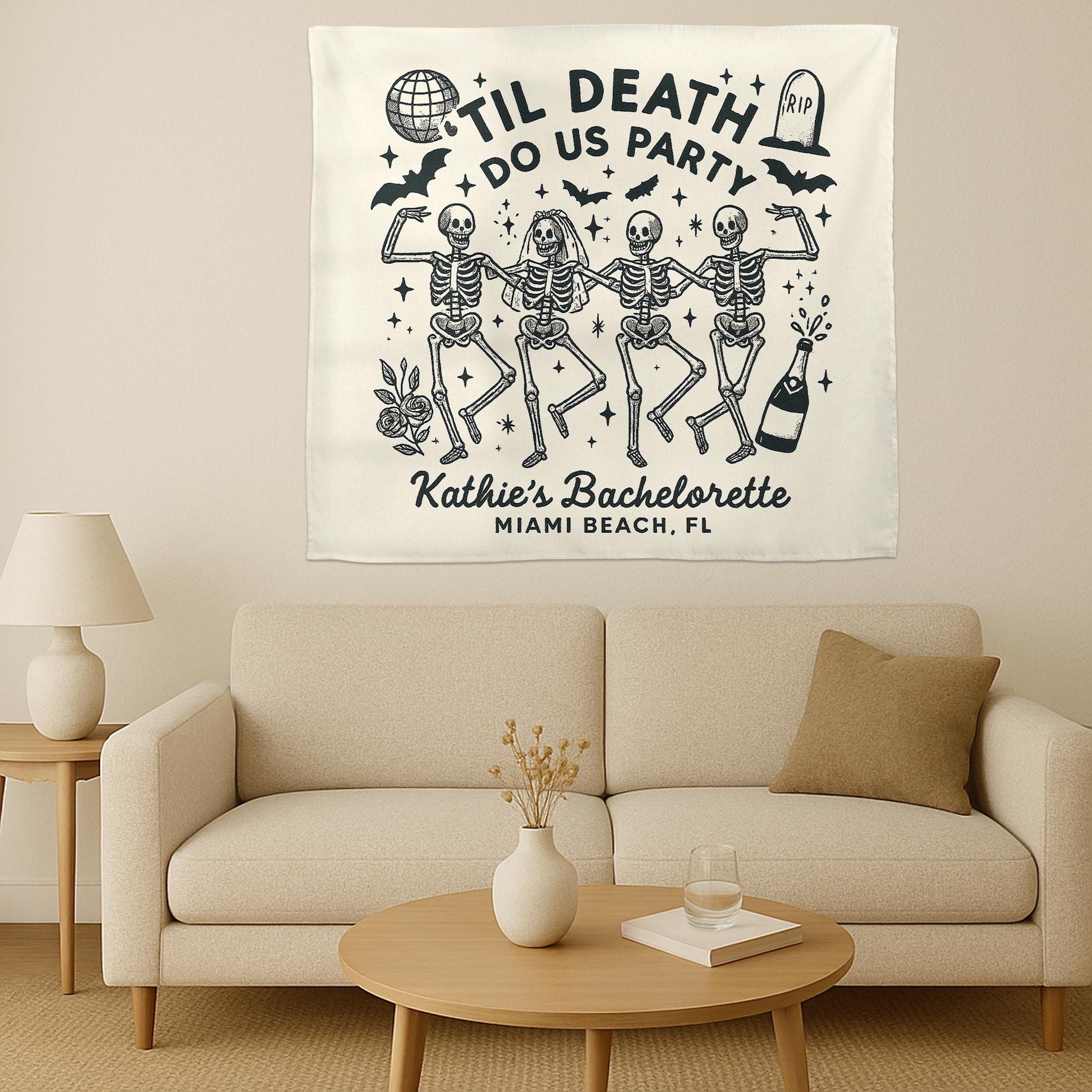 Til Death Do Us Party Tapestry – Custom Bachelorette Halloween Backdrop with Skeletons – Spooky Bridal Shower Party Banner, Witchy Decor