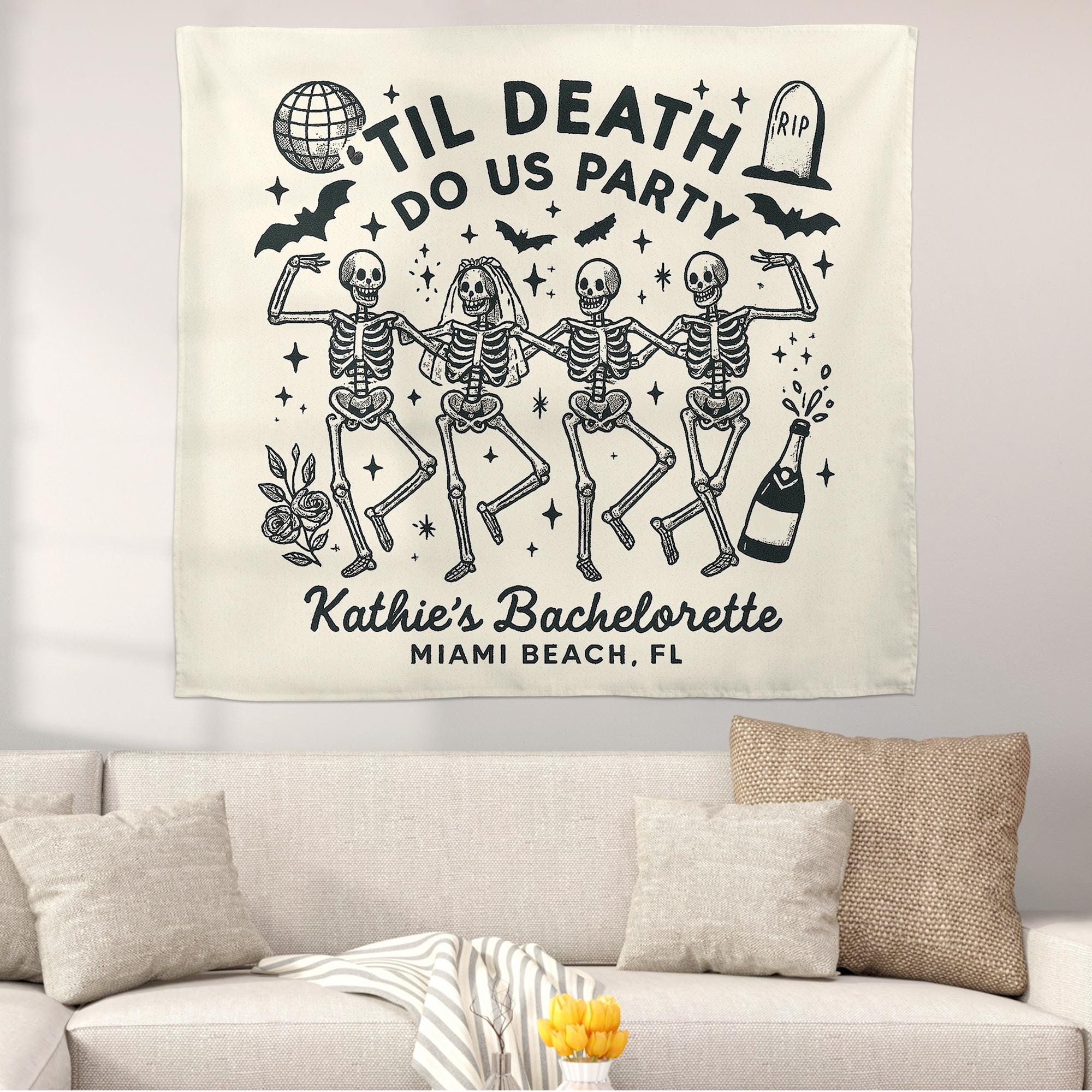 Til Death Do Us Party Tapestry – Custom Bachelorette Halloween Backdrop with Skeletons – Spooky Bridal Shower Party Banner, Witchy Decor