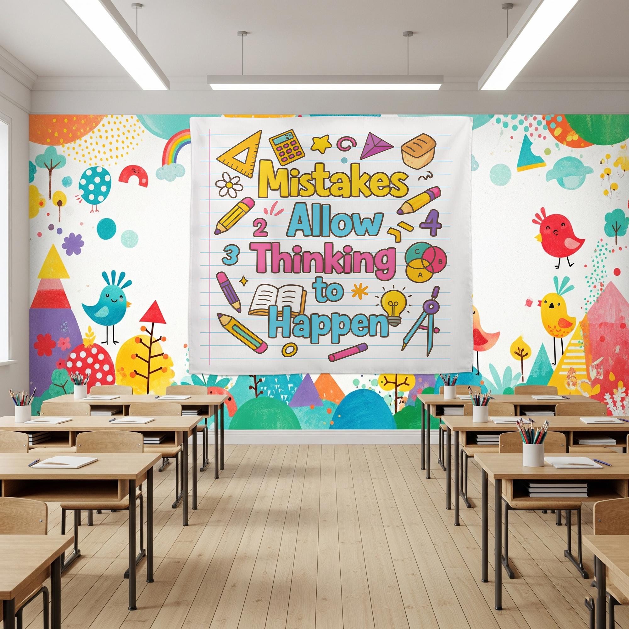 Mistakes Allow Thinking to Happen Classroom Tapestry – Inspirational Teacher Wall Decor, Colorful Educational Poster for Kids Room, Math Art