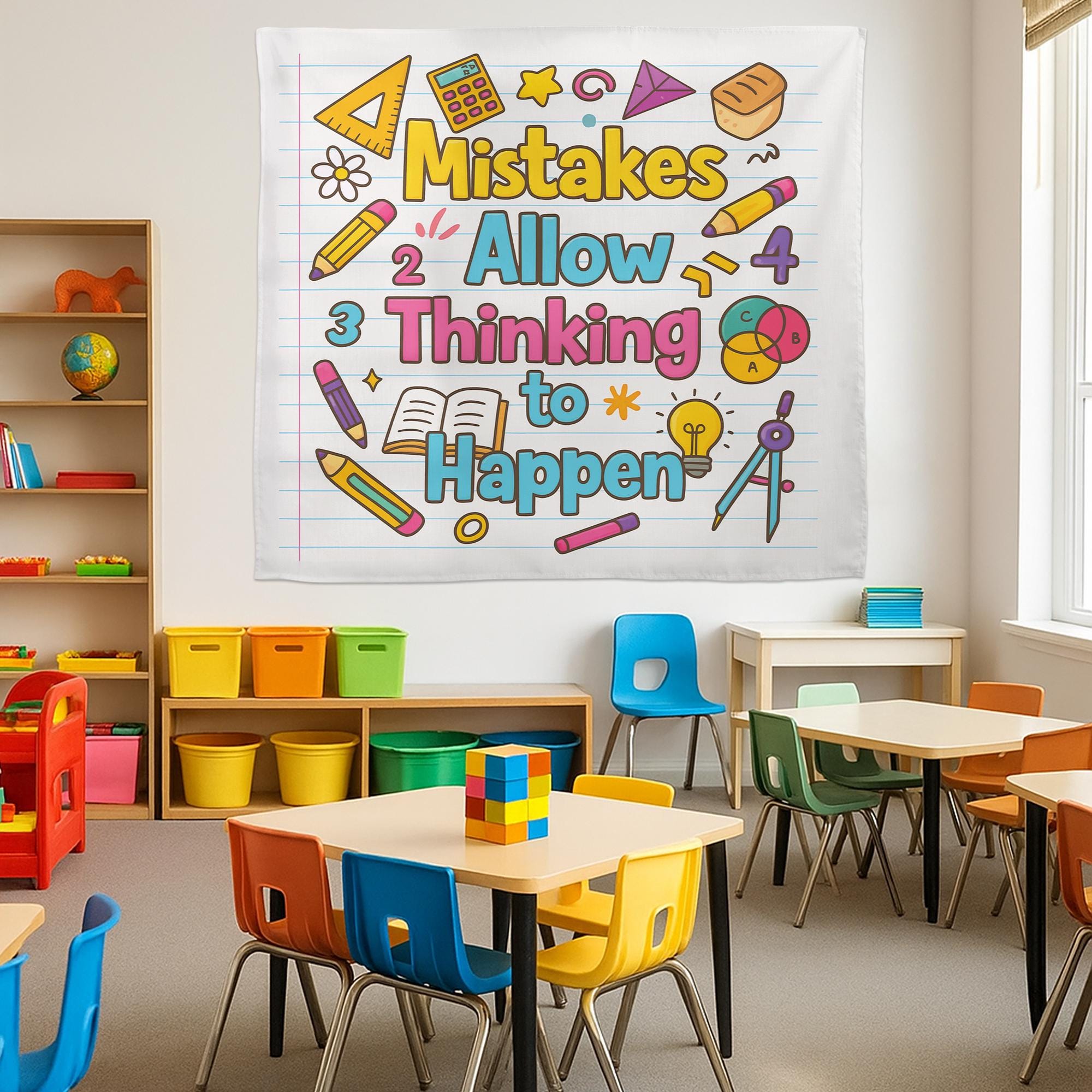 Mistakes Allow Thinking to Happen Classroom Tapestry – Inspirational Teacher Wall Decor, Colorful Educational Poster for Kids Room, Math Art