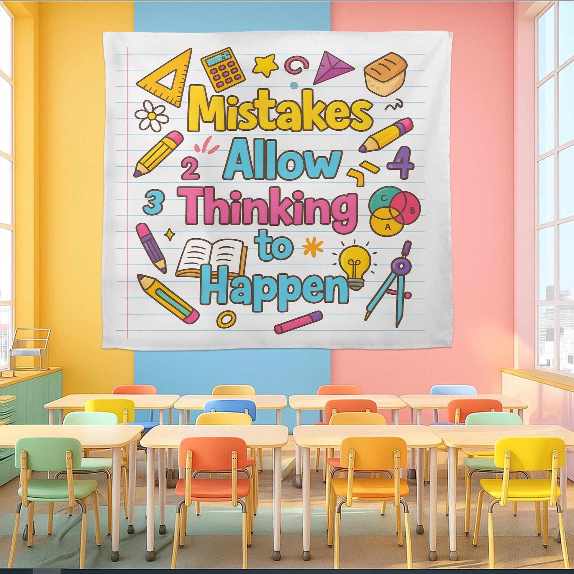 Mistakes Allow Thinking to Happen Classroom Tapestry – Inspirational Teacher Wall Decor, Colorful Educational Poster for Kids Room, Math Art