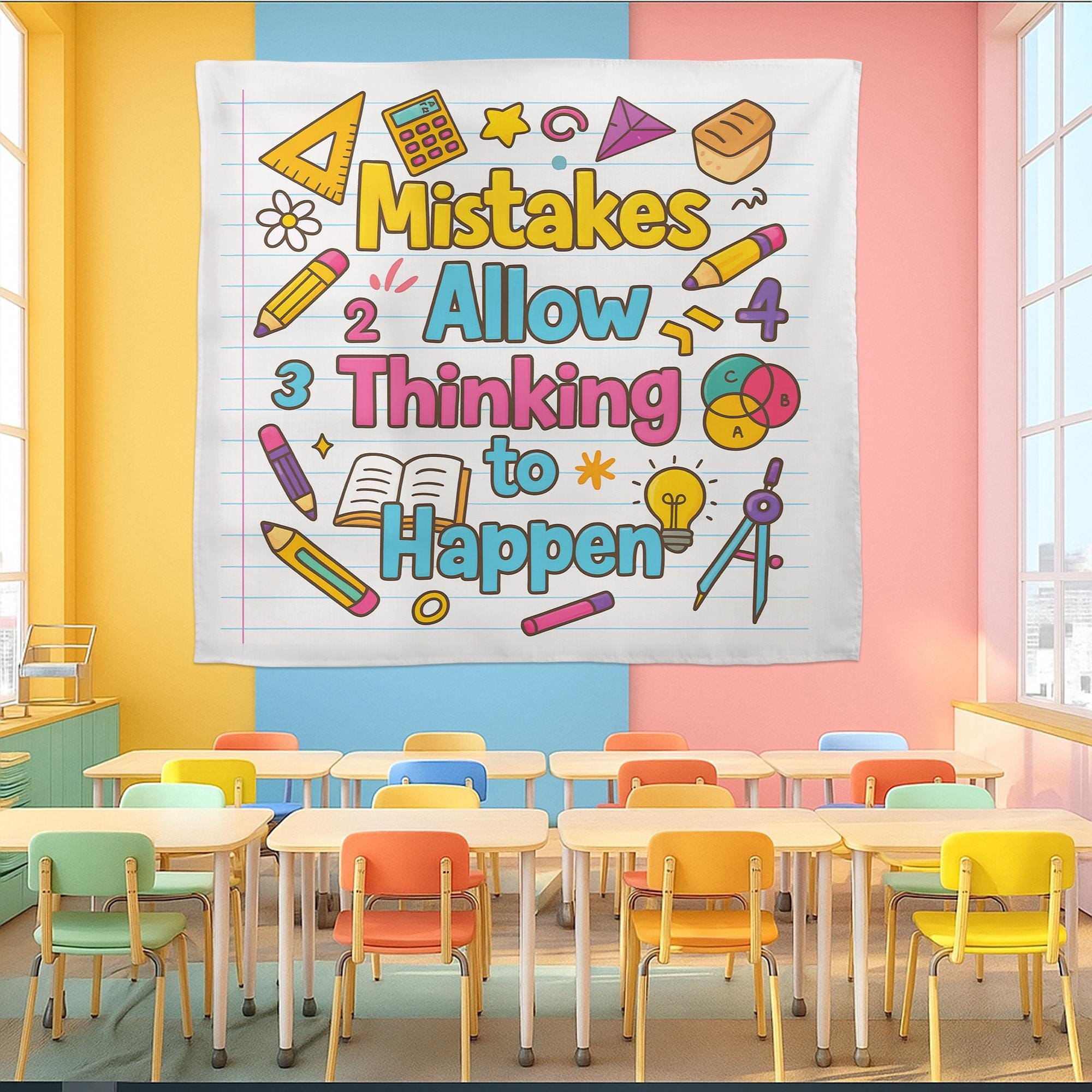 Mistakes Allow Thinking to Happen Classroom Tapestry – Inspirational Teacher Wall Decor, Colorful Educational Poster for Kids Room, Math Art