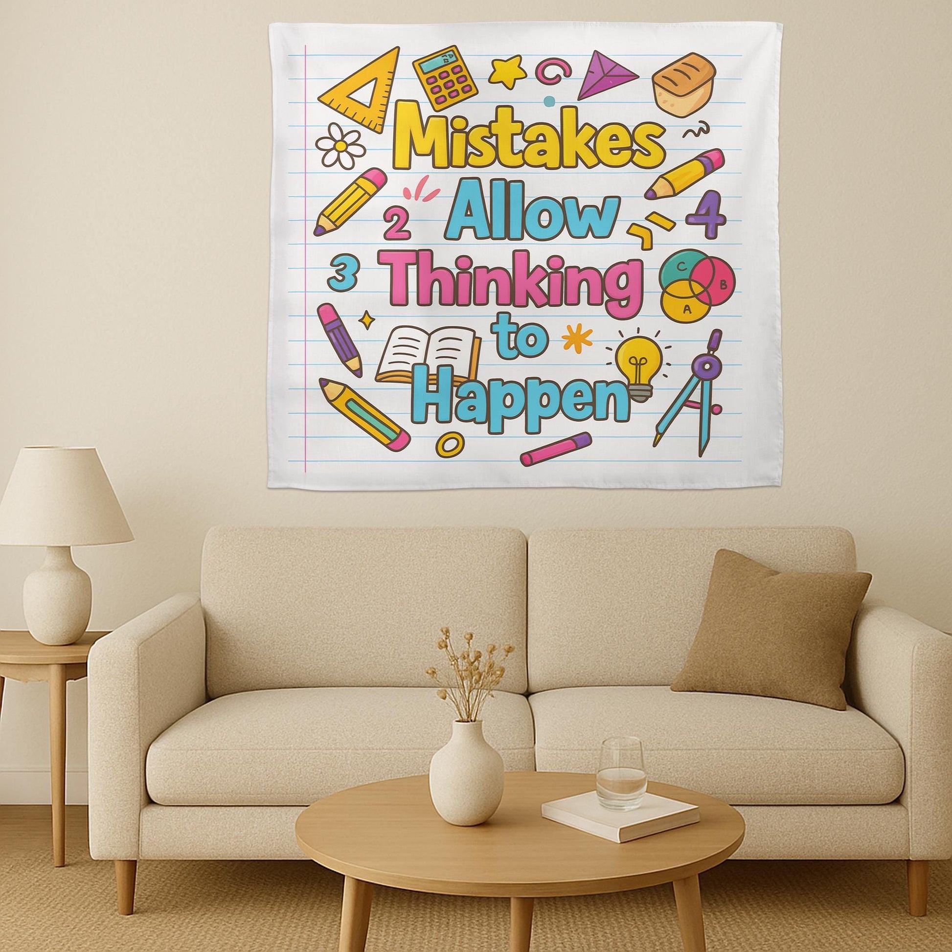 Mistakes Allow Thinking to Happen Classroom Tapestry – Inspirational Teacher Wall Decor, Colorful Educational Poster for Kids Room, Math Art
