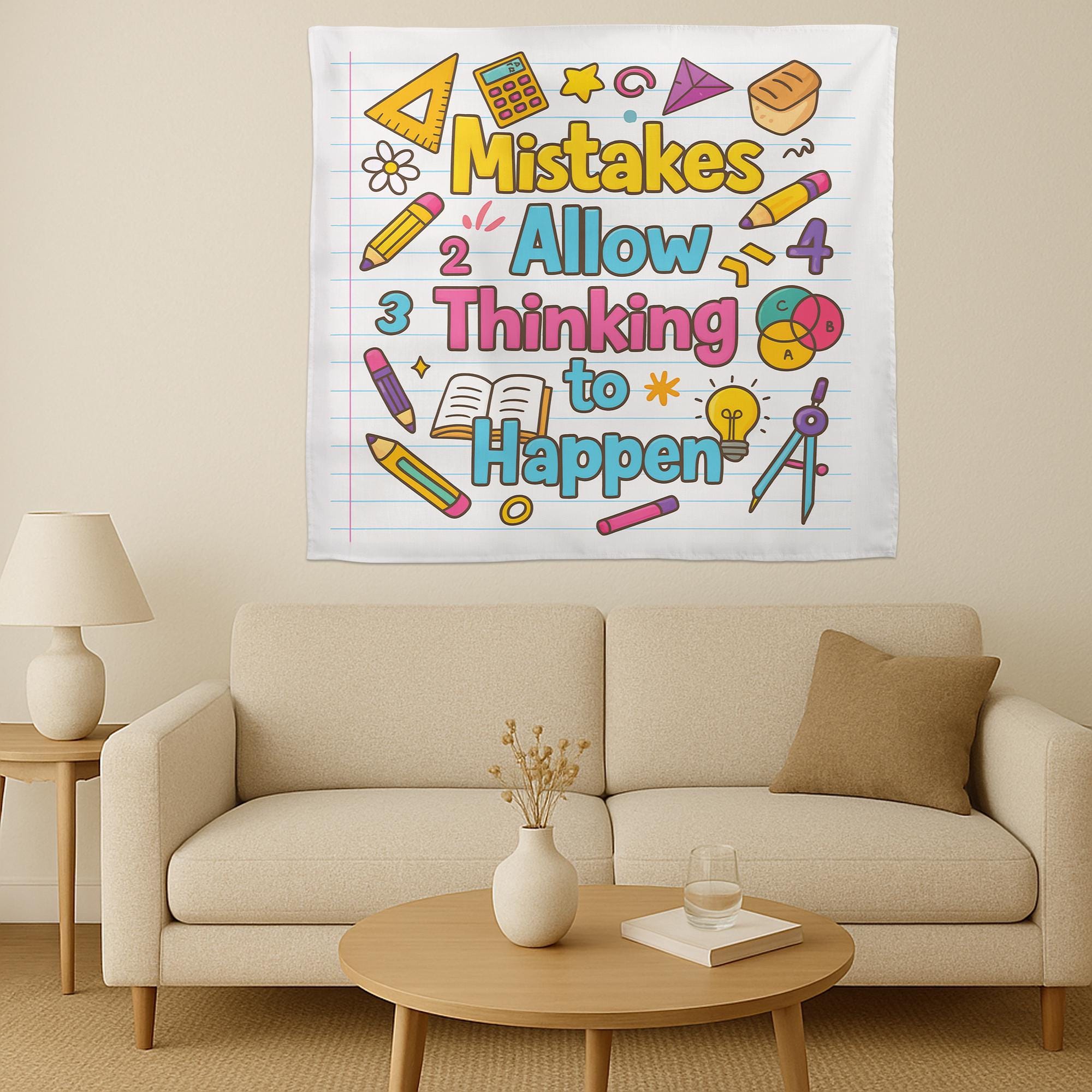Mistakes Allow Thinking to Happen Classroom Tapestry – Inspirational Teacher Wall Decor, Colorful Educational Poster for Kids Room, Math Art