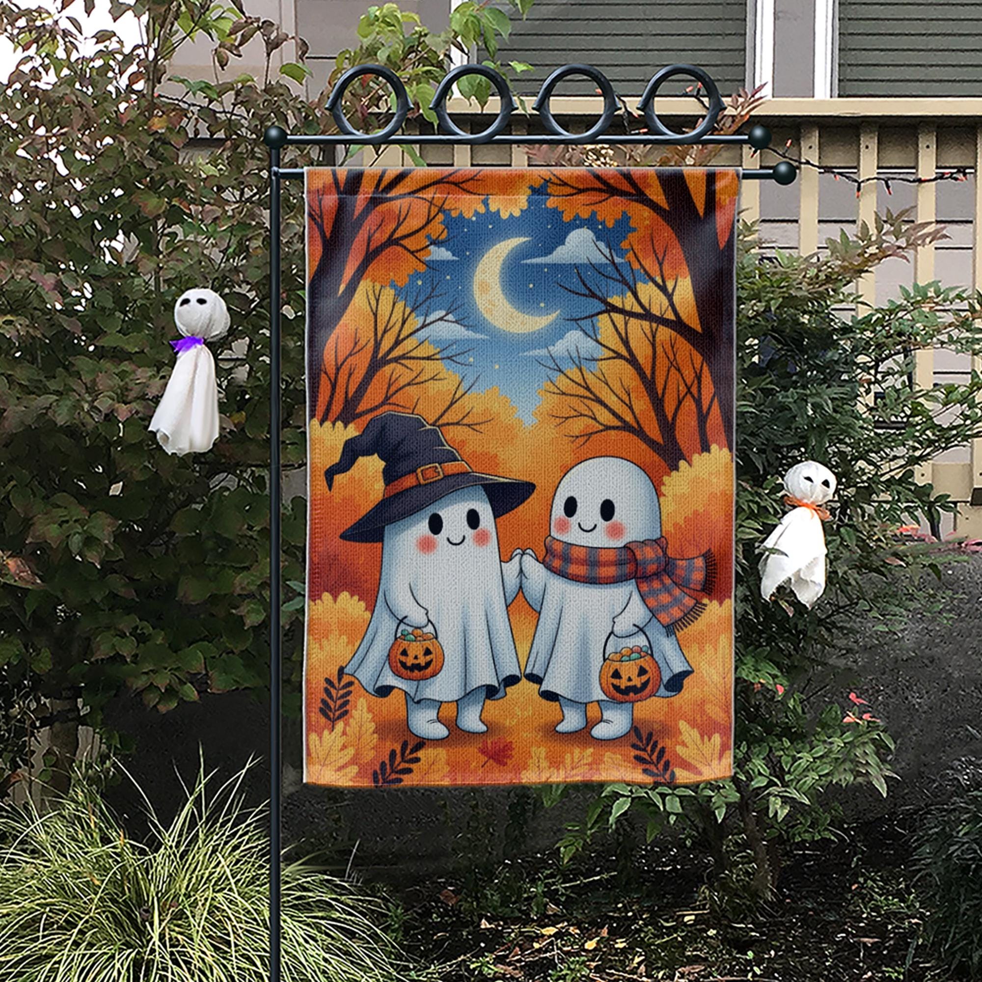 Cute Ghost Couple Halloween Garden Flag – Trick or Treat Yard Decor with Pumpkins and Moon – Autumn Outdoor Spooky Lawn Decoration
