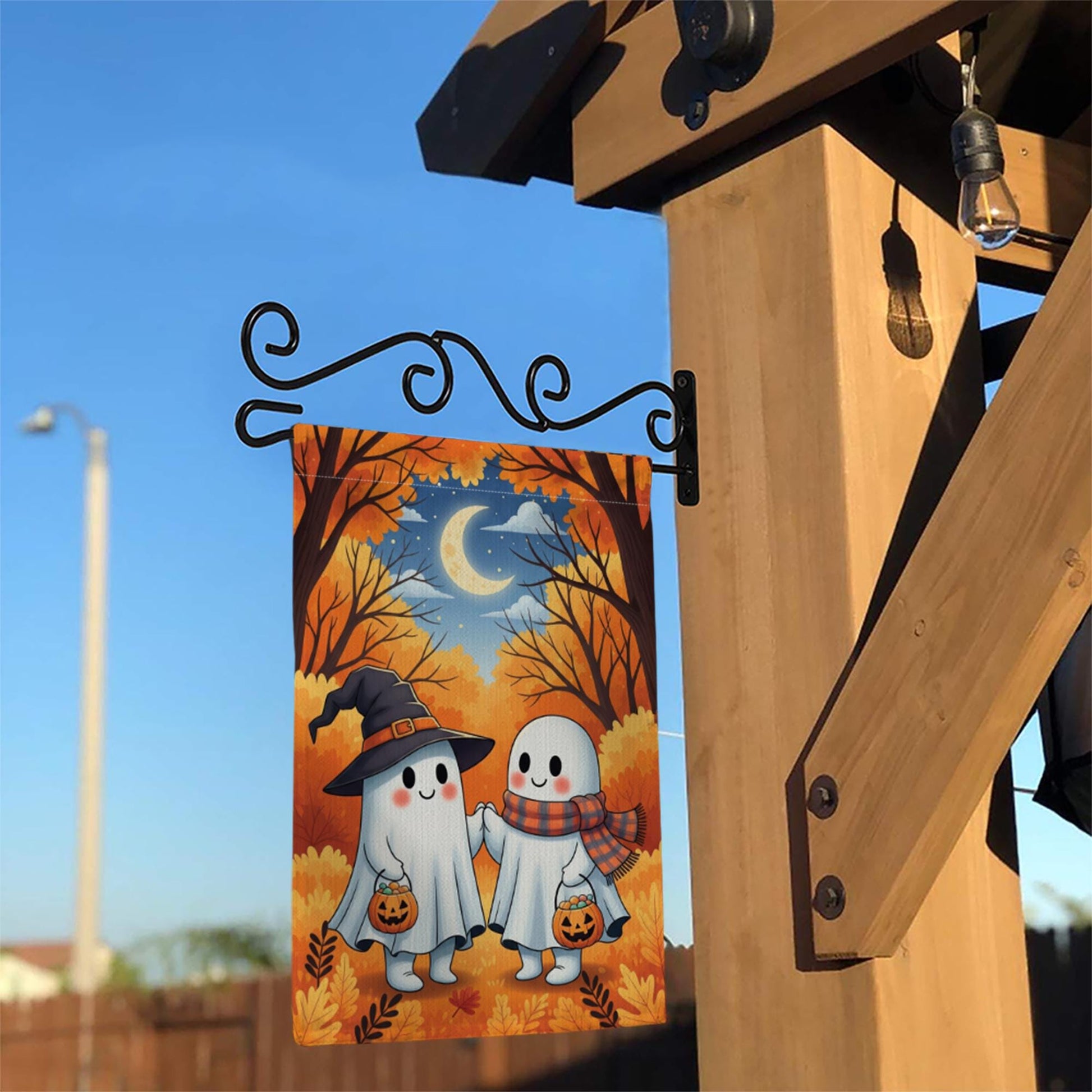 Cute Ghost Couple Halloween Garden Flag – Trick or Treat Yard Decor with Pumpkins and Moon – Autumn Outdoor Spooky Lawn Decoration