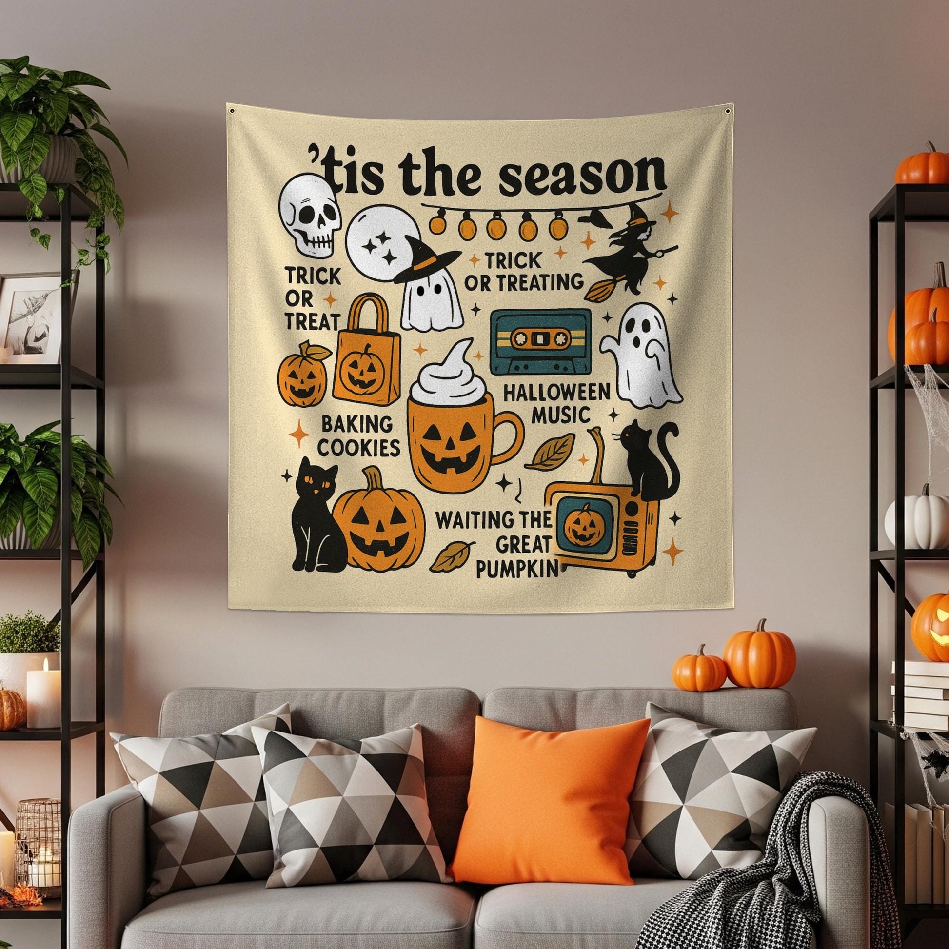Tis the Season Halloween Wall Tapestry – Cute Ghosts, Cats, Pumpkins – Spooky Fall Decor for Trick or Treat and Autumn Vibes, Halloween Art