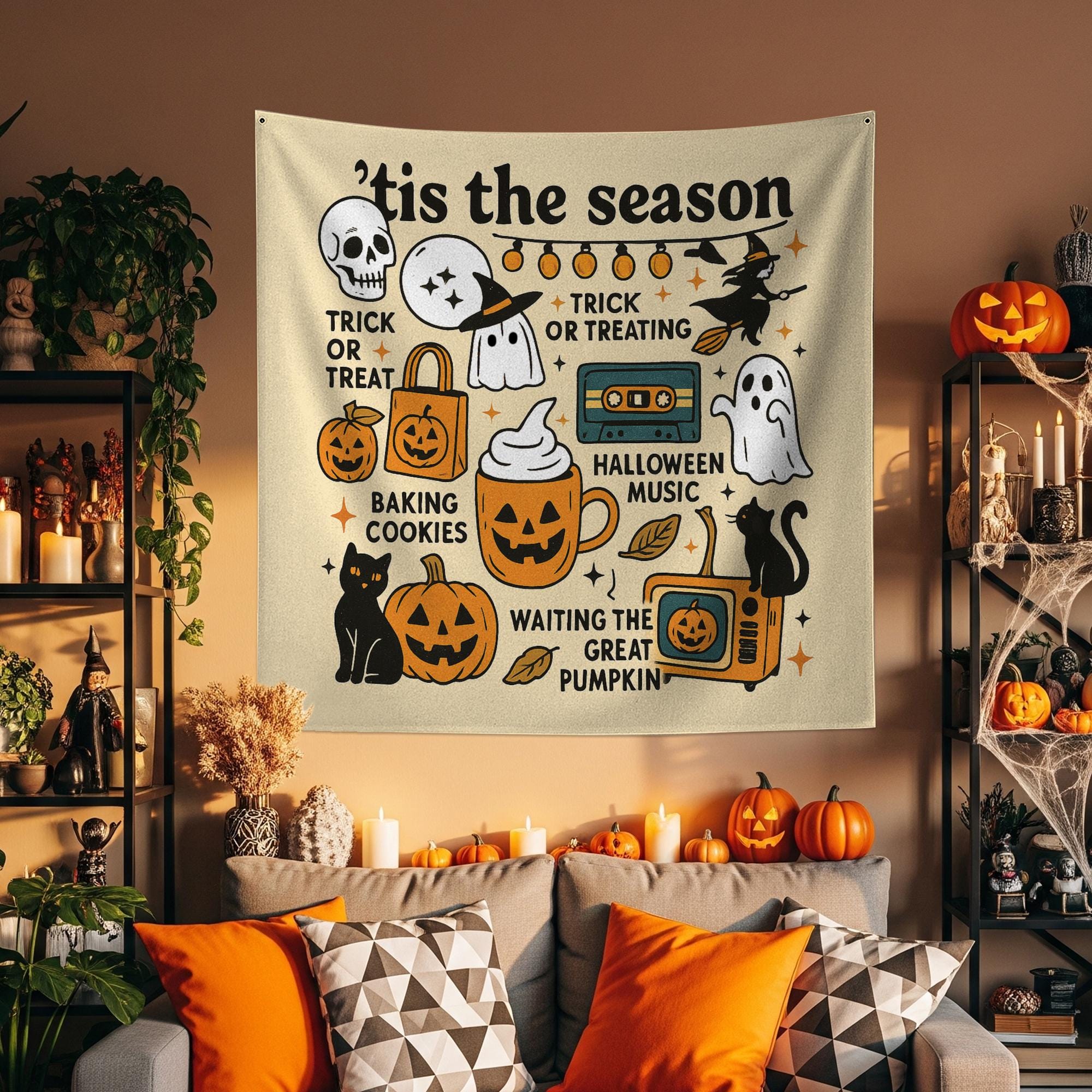 Tis the Season Halloween Wall Tapestry – Cute Ghosts, Cats, Pumpkins – Spooky Fall Decor for Trick or Treat and Autumn Vibes, Halloween Art