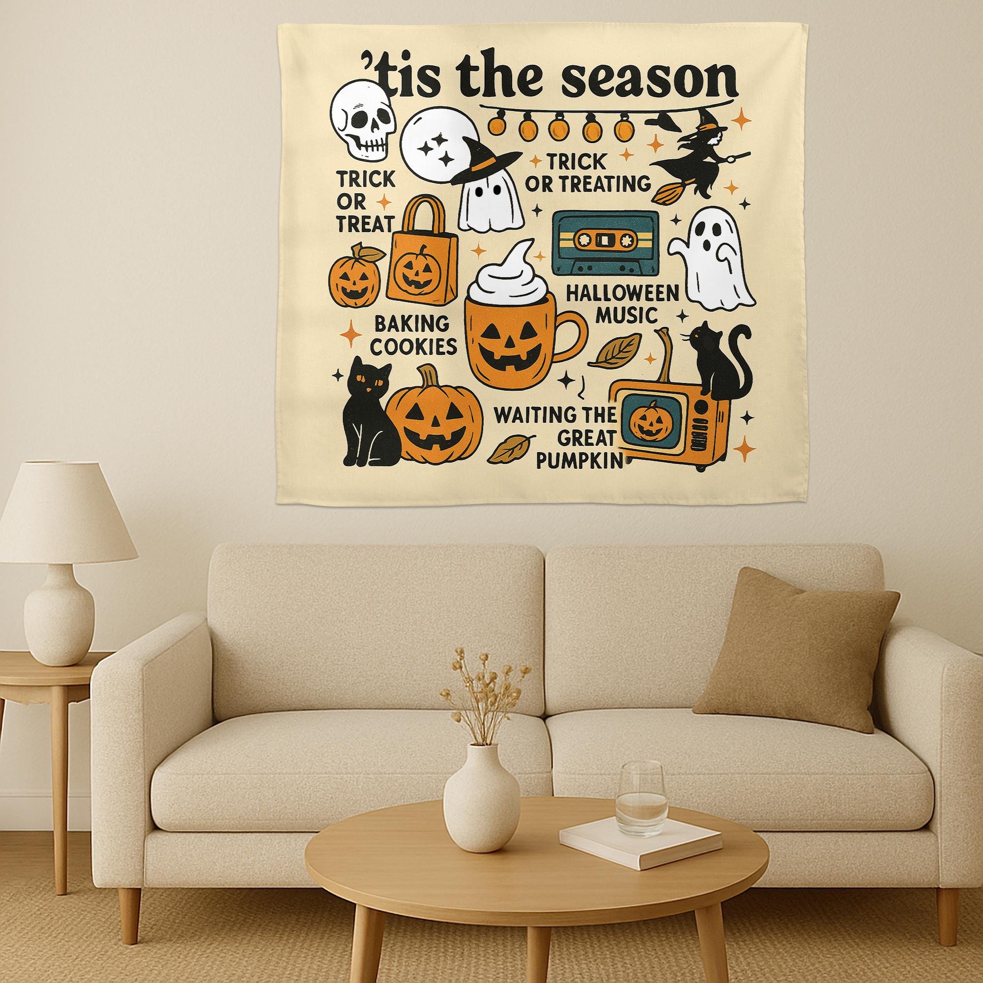 Tis the Season Halloween Wall Tapestry – Cute Ghosts, Cats, Pumpkins – Spooky Fall Decor for Trick or Treat and Autumn Vibes, Halloween Art