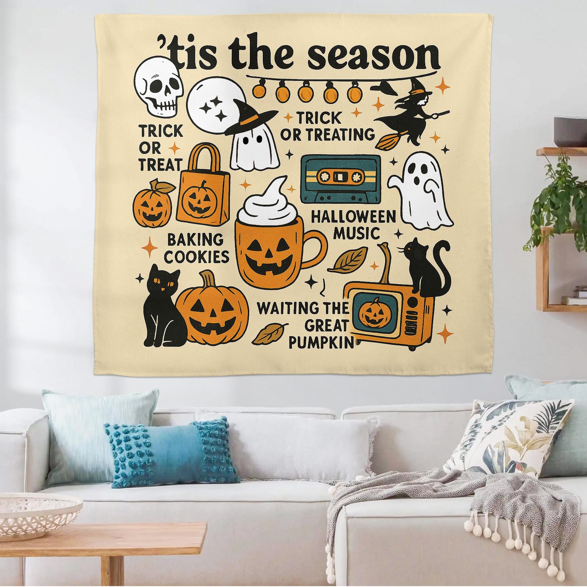 Tis the Season Halloween Wall Tapestry – Cute Ghosts, Cats, Pumpkins – Spooky Fall Decor for Trick or Treat and Autumn Vibes, Halloween Art