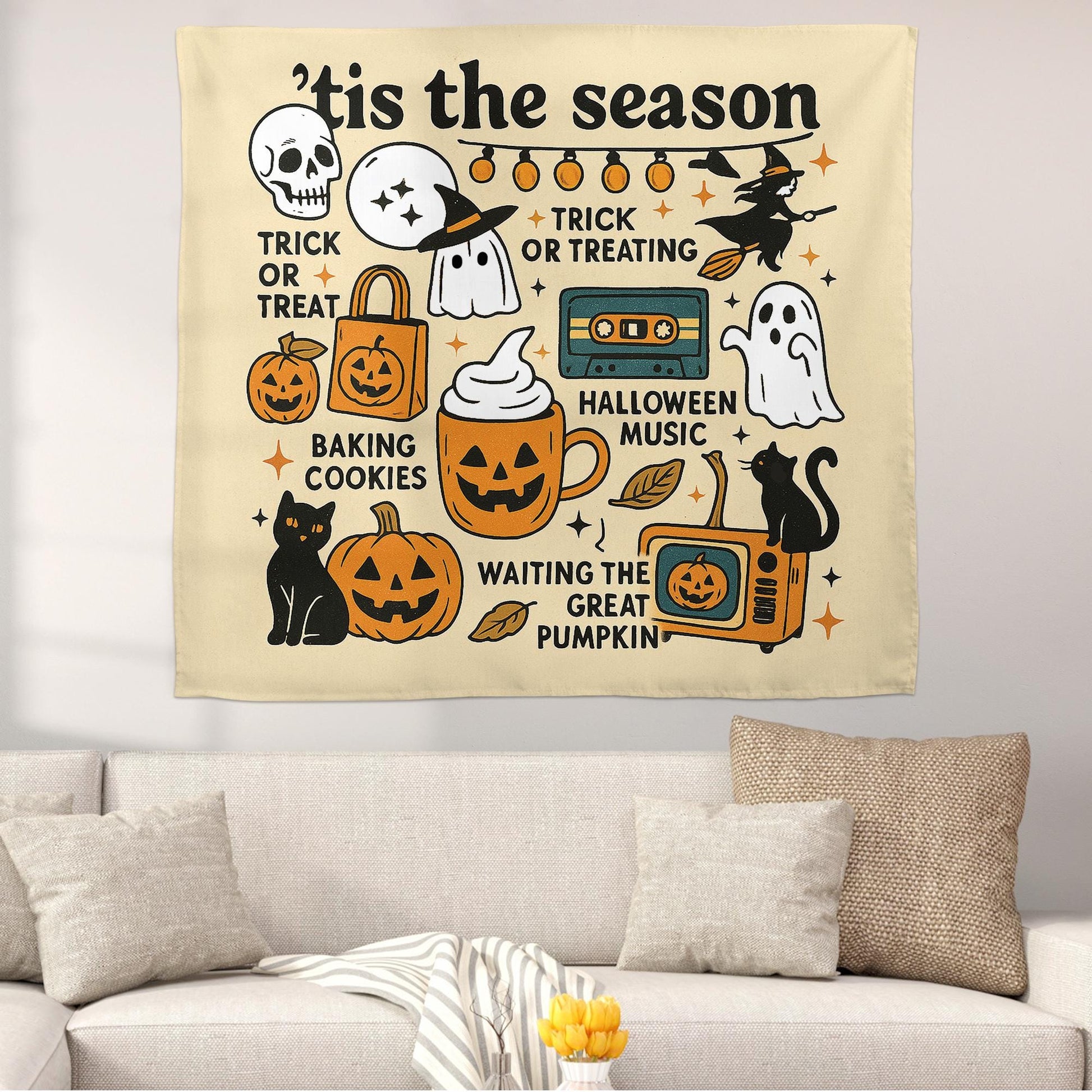 Tis the Season Halloween Wall Tapestry – Cute Ghosts, Cats, Pumpkins – Spooky Fall Decor for Trick or Treat and Autumn Vibes, Halloween Art
