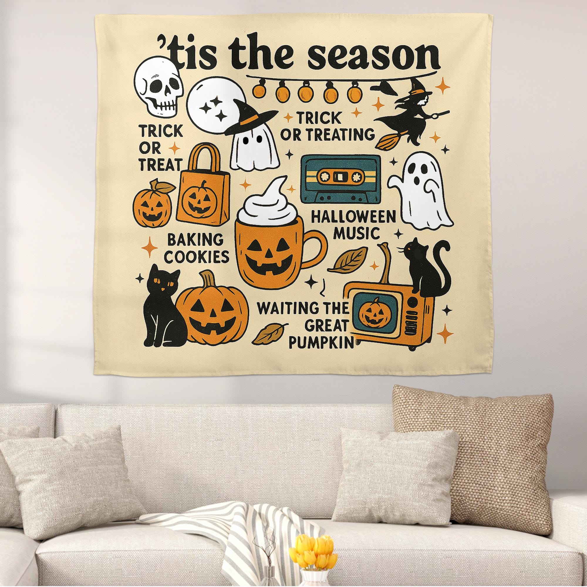 Tis the Season Halloween Wall Tapestry – Cute Ghosts, Cats, Pumpkins – Spooky Fall Decor for Trick or Treat and Autumn Vibes, Halloween Art