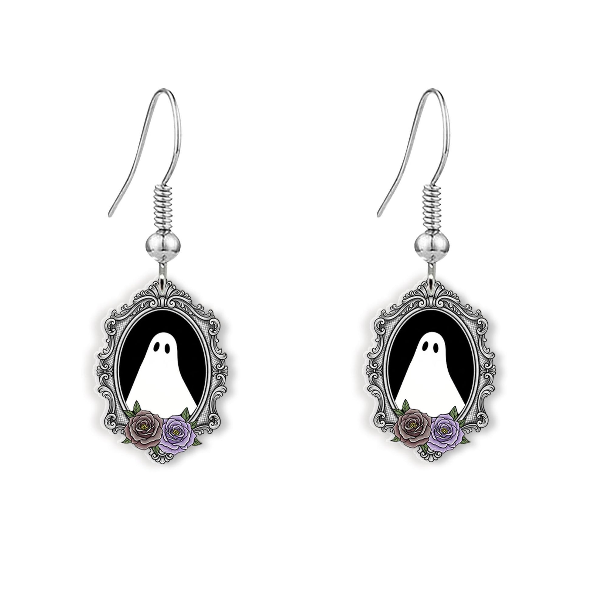 Gothic Ghost Earrings with Purple Roses – Halloween Spooky Cute Dangle Earrings – Witchy Ghost Jewelry for Her, Halloween Gift, Witchcore