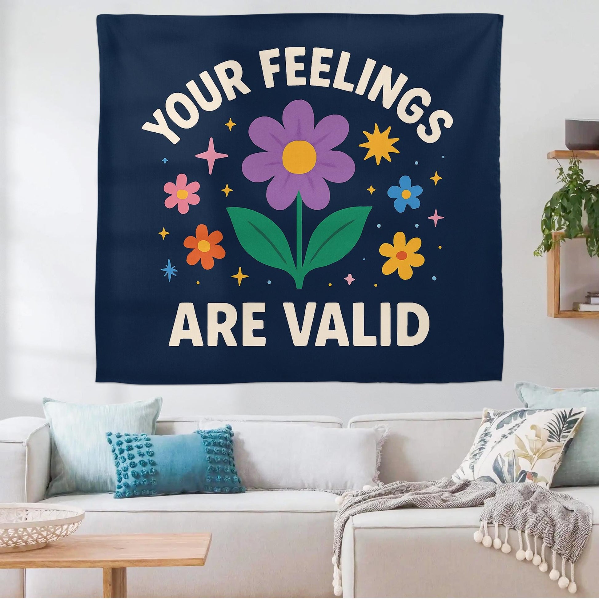 Your Feelings Are Valid Tapestry, Mental Health Wall Decor, Positive Affirmation Banner, Therapy Office Art, Motivational Room Sign