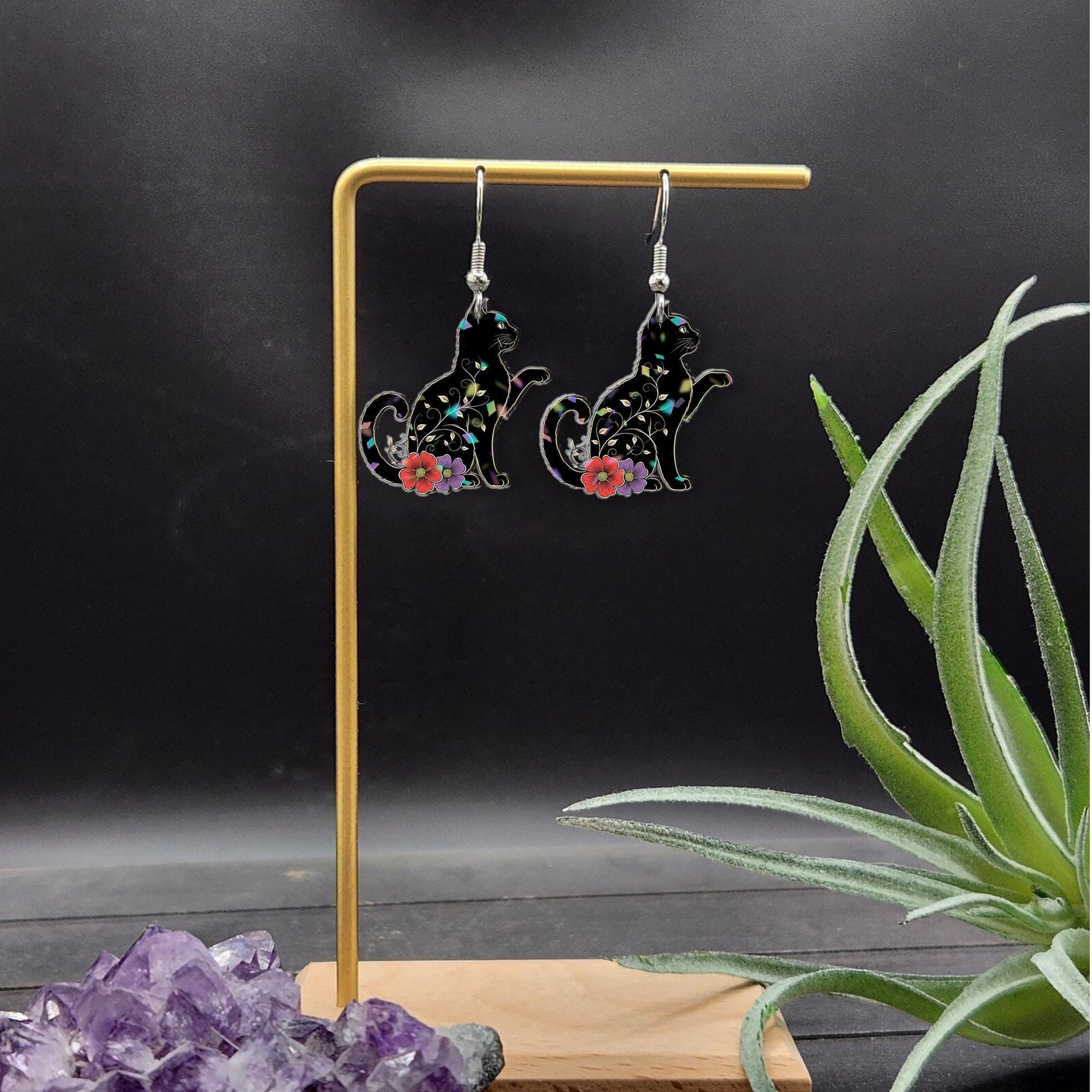 Black Cat Floral Earrings, Witchy Cat Dangle Earrings, Halloween Cute Cat Jewelry, Gothic Gift for Cat Lovers, Black Cat Decor, Feline Gift