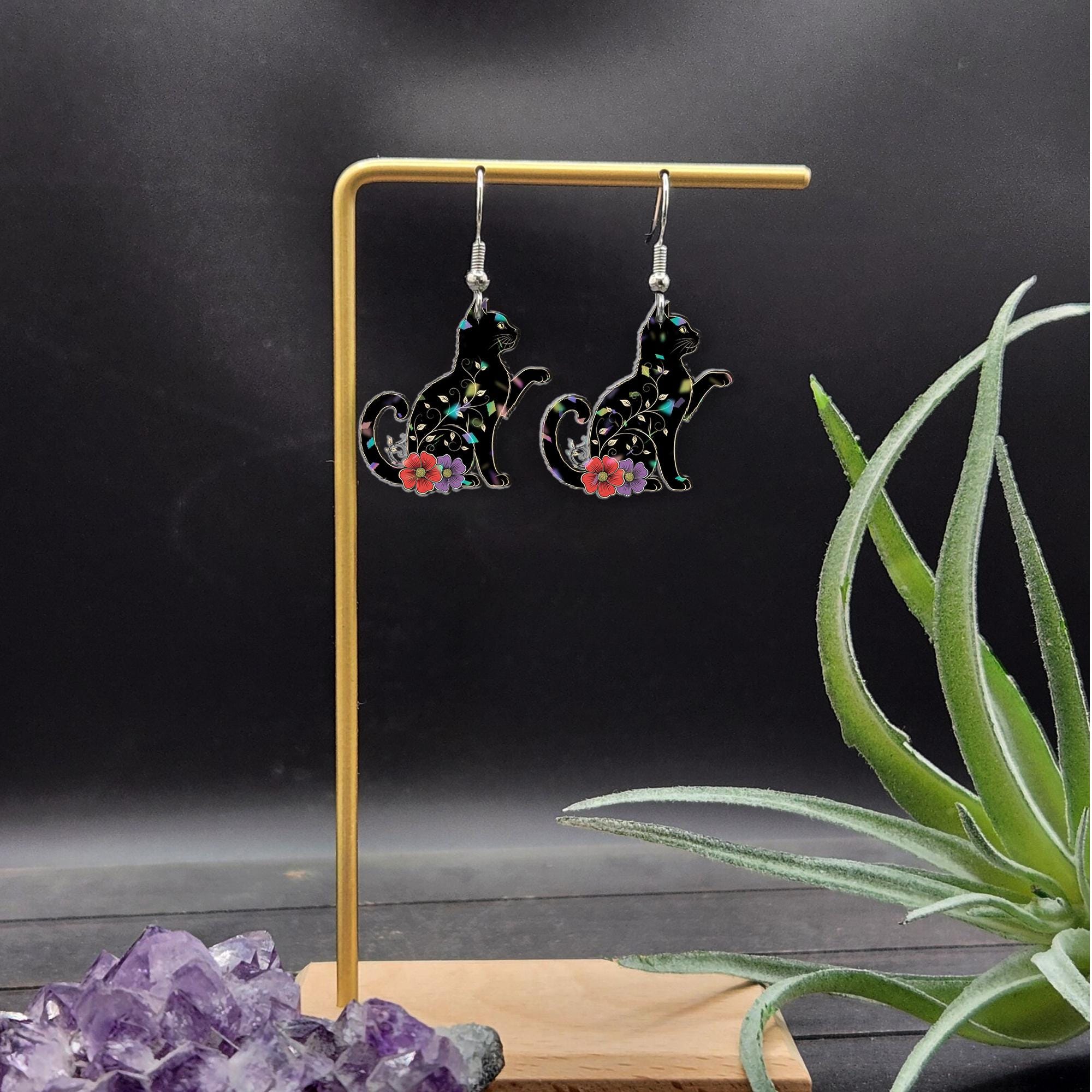 Black Cat Floral Earrings, Witchy Cat Dangle Earrings, Halloween Cute Cat Jewelry, Gothic Gift for Cat Lovers, Black Cat Decor, Feline Gift