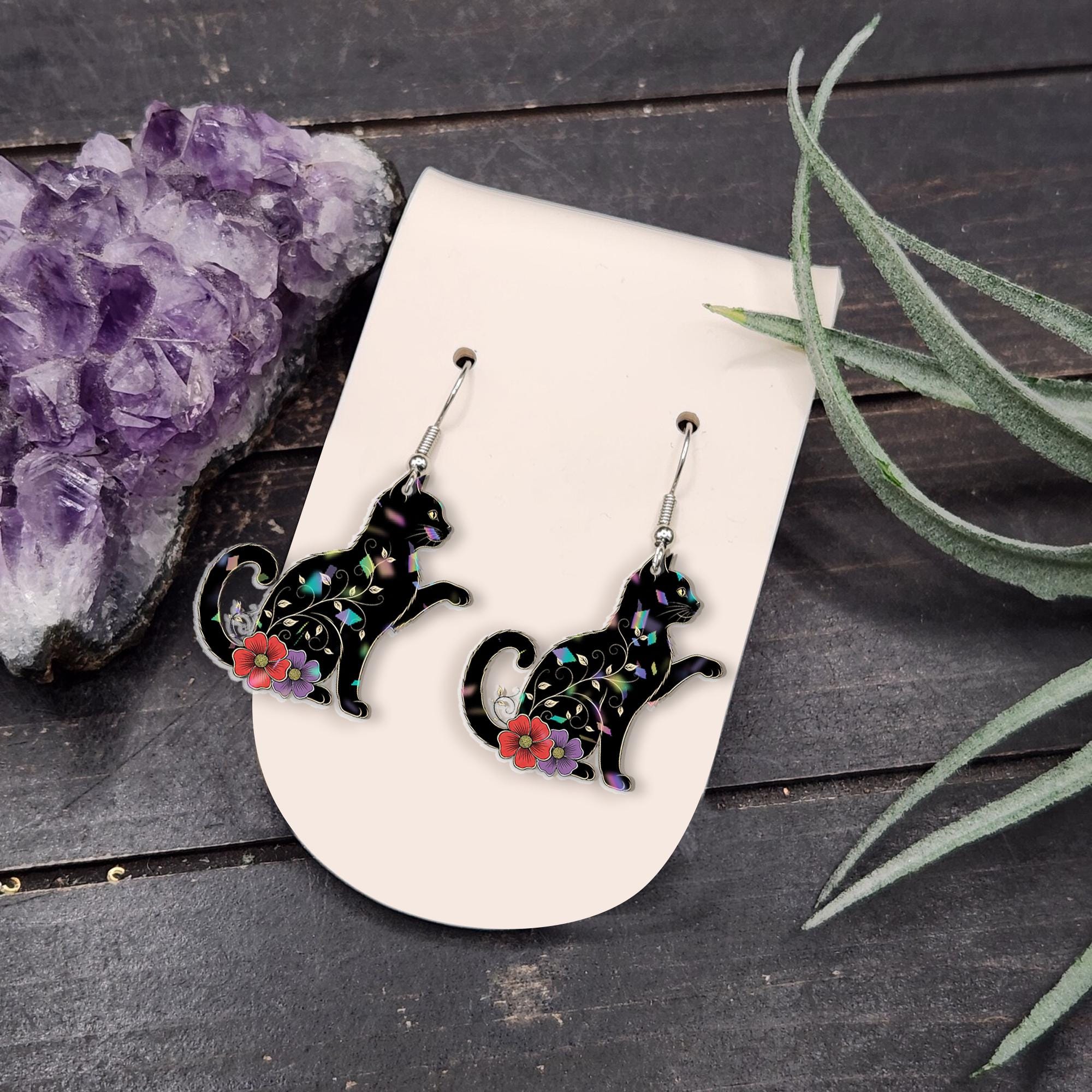 Black Cat Floral Earrings, Witchy Cat Dangle Earrings, Halloween Cute Cat Jewelry, Gothic Gift for Cat Lovers, Black Cat Decor, Feline Gift