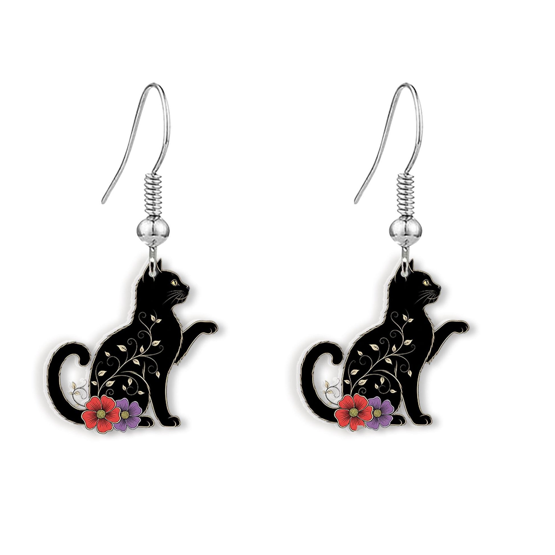 Black Cat Floral Earrings, Witchy Cat Dangle Earrings, Halloween Cute Cat Jewelry, Gothic Gift for Cat Lovers, Black Cat Decor, Feline Gift