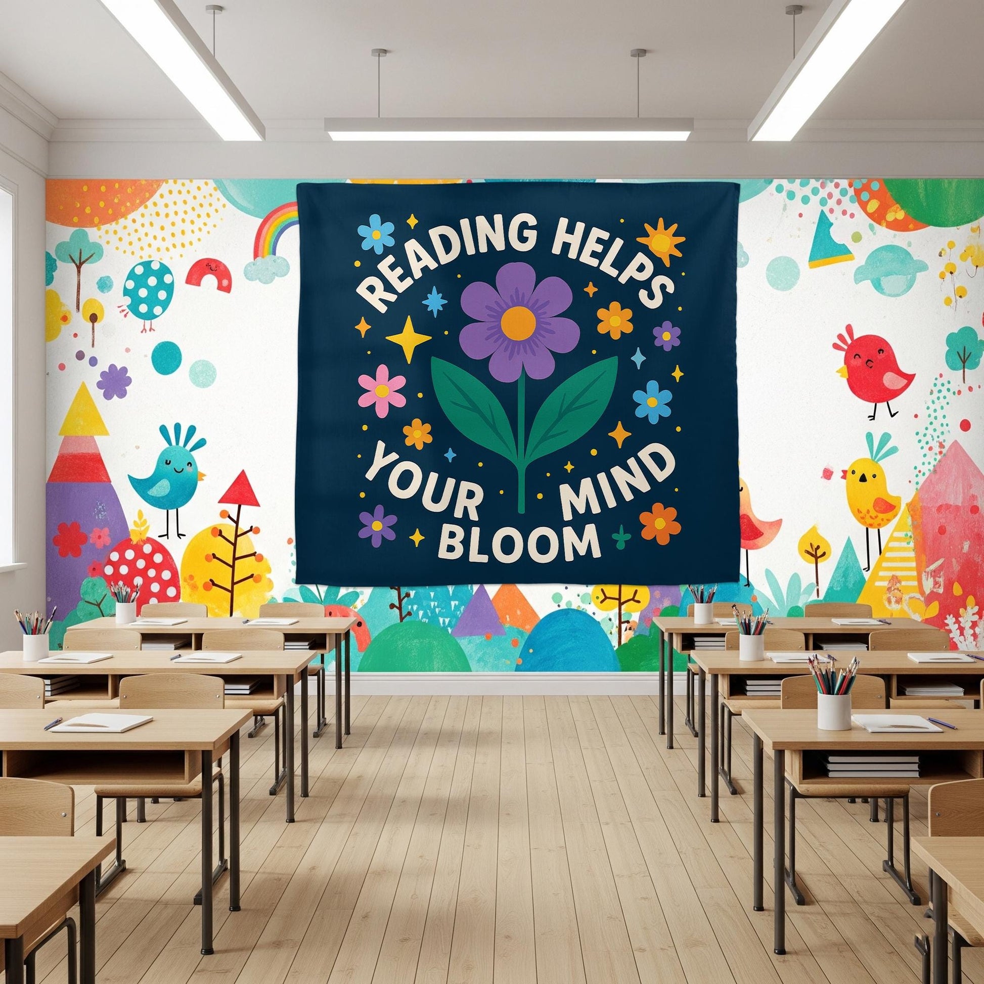 Reading Helps Your Mind Bloom Tapestry, Classroom Reading Wall Decor, Library Motivation Banner, Floral Literacy Poster for Kids