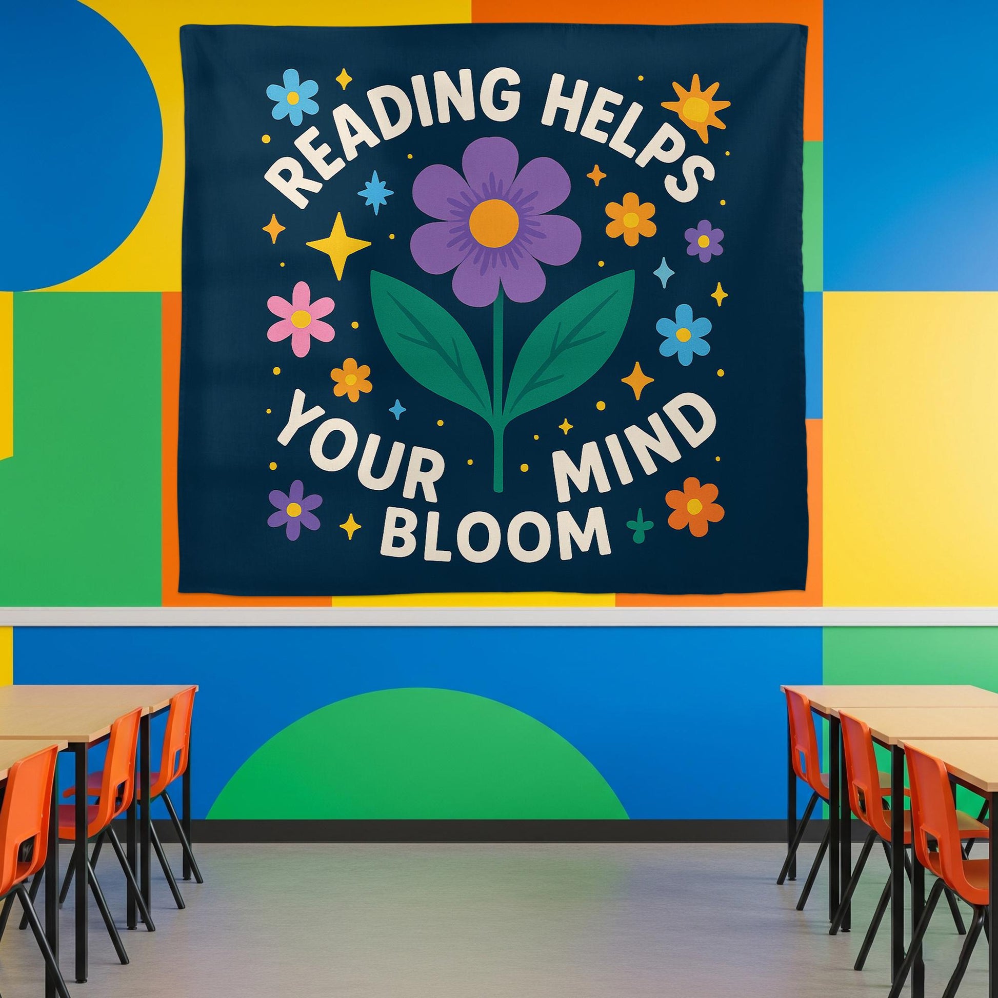 Reading Helps Your Mind Bloom Tapestry, Classroom Reading Wall Decor, Library Motivation Banner, Floral Literacy Poster for Kids