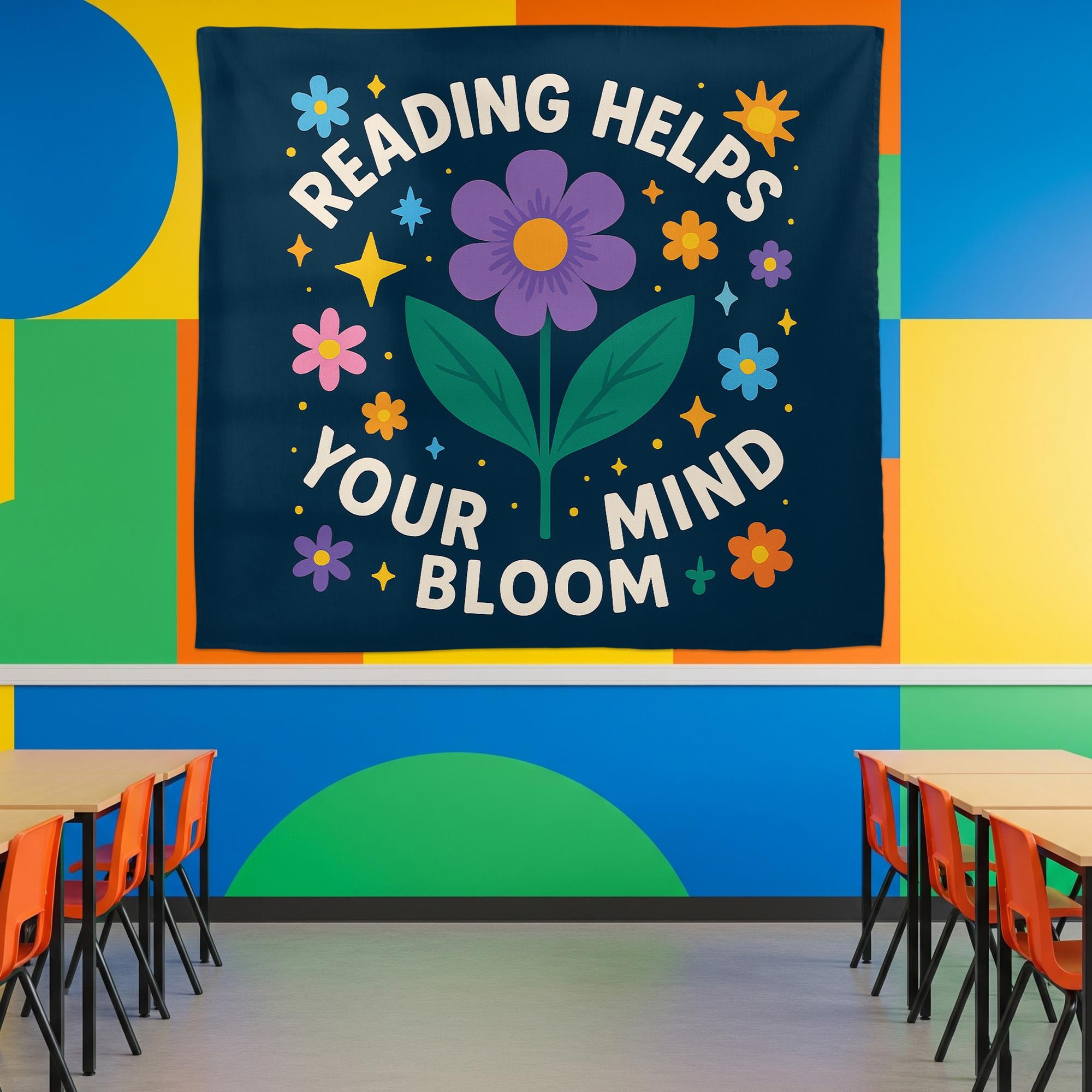 Reading Helps Your Mind Bloom Tapestry, Classroom Reading Wall Decor, Library Motivation Banner, Floral Literacy Poster for Kids