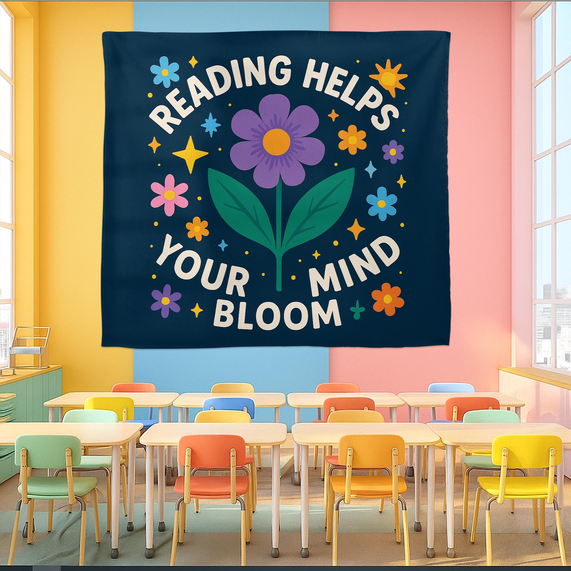 Reading Helps Your Mind Bloom Tapestry, Classroom Reading Wall Decor, Library Motivation Banner, Floral Literacy Poster for Kids