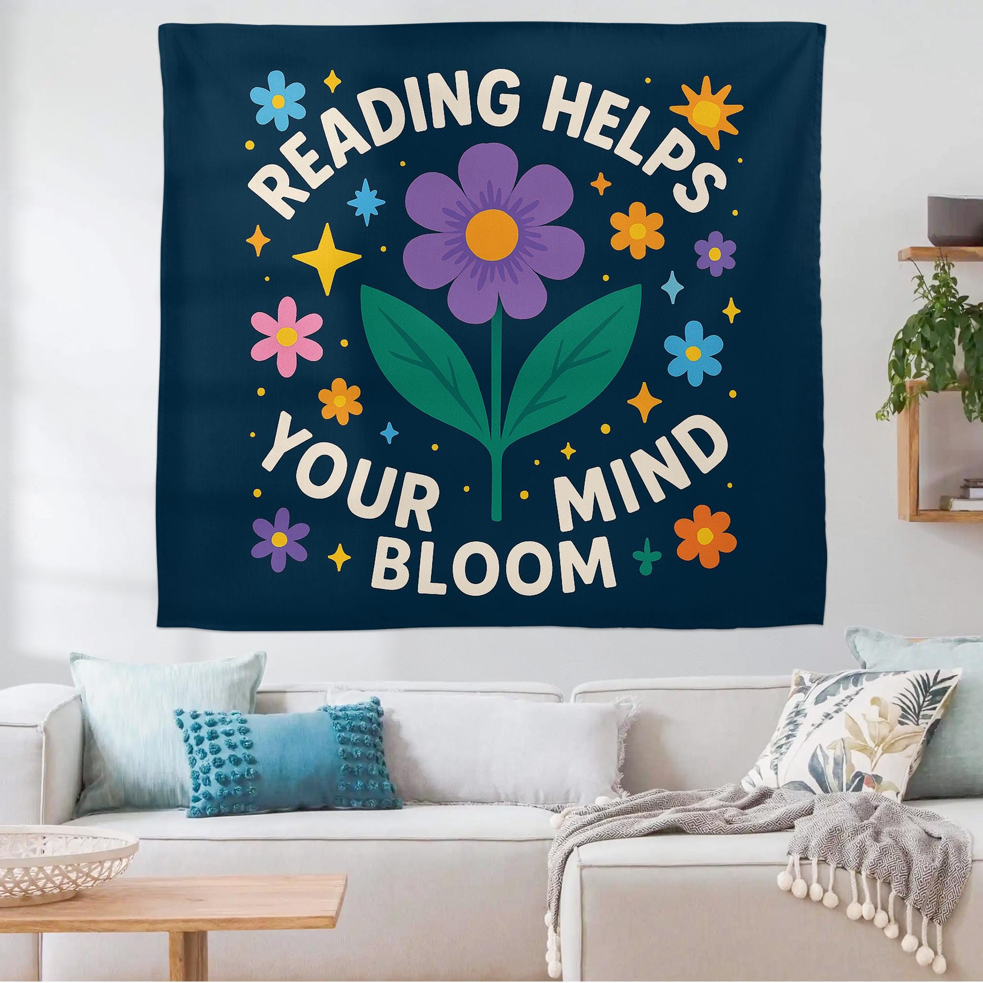 Reading Helps Your Mind Bloom Tapestry, Classroom Reading Wall Decor, Library Motivation Banner, Floral Literacy Poster for Kids